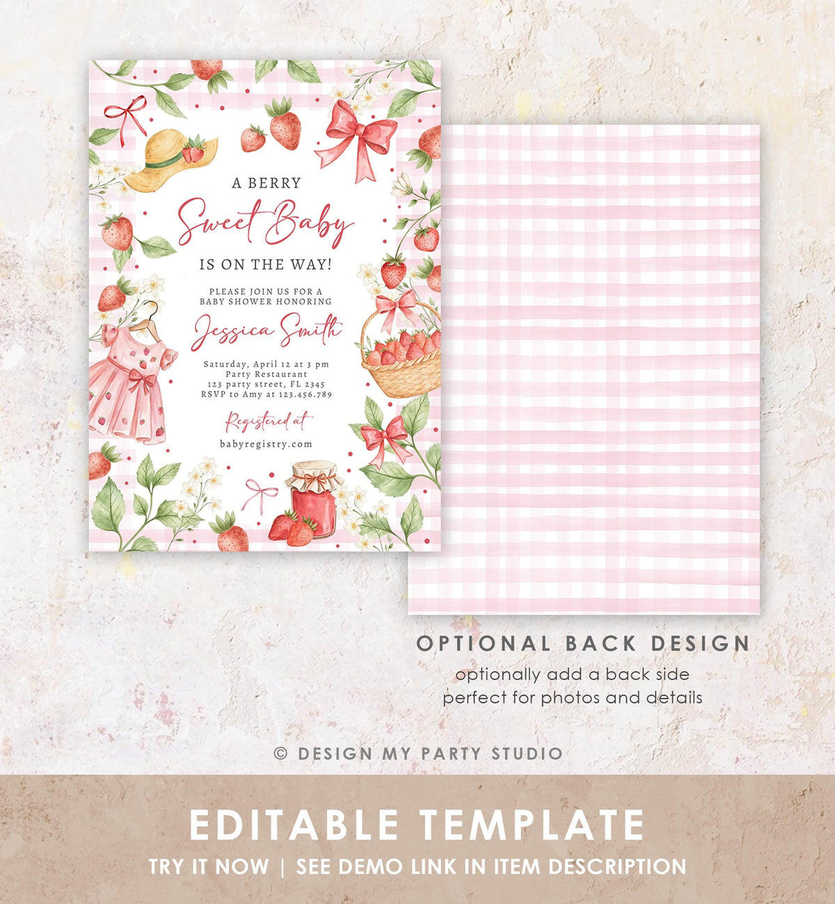 Editable Strawberry Baby Shower Invitation Cute Berry Sweet Baby Girl Strawberries Summer Digital Download Template Printable 0567