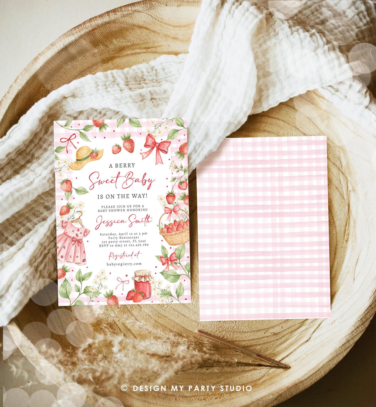 Editable Strawberry Baby Shower Invitation Cute Berry Sweet Baby Girl Strawberries Summer Digital Download Template Printable 0567