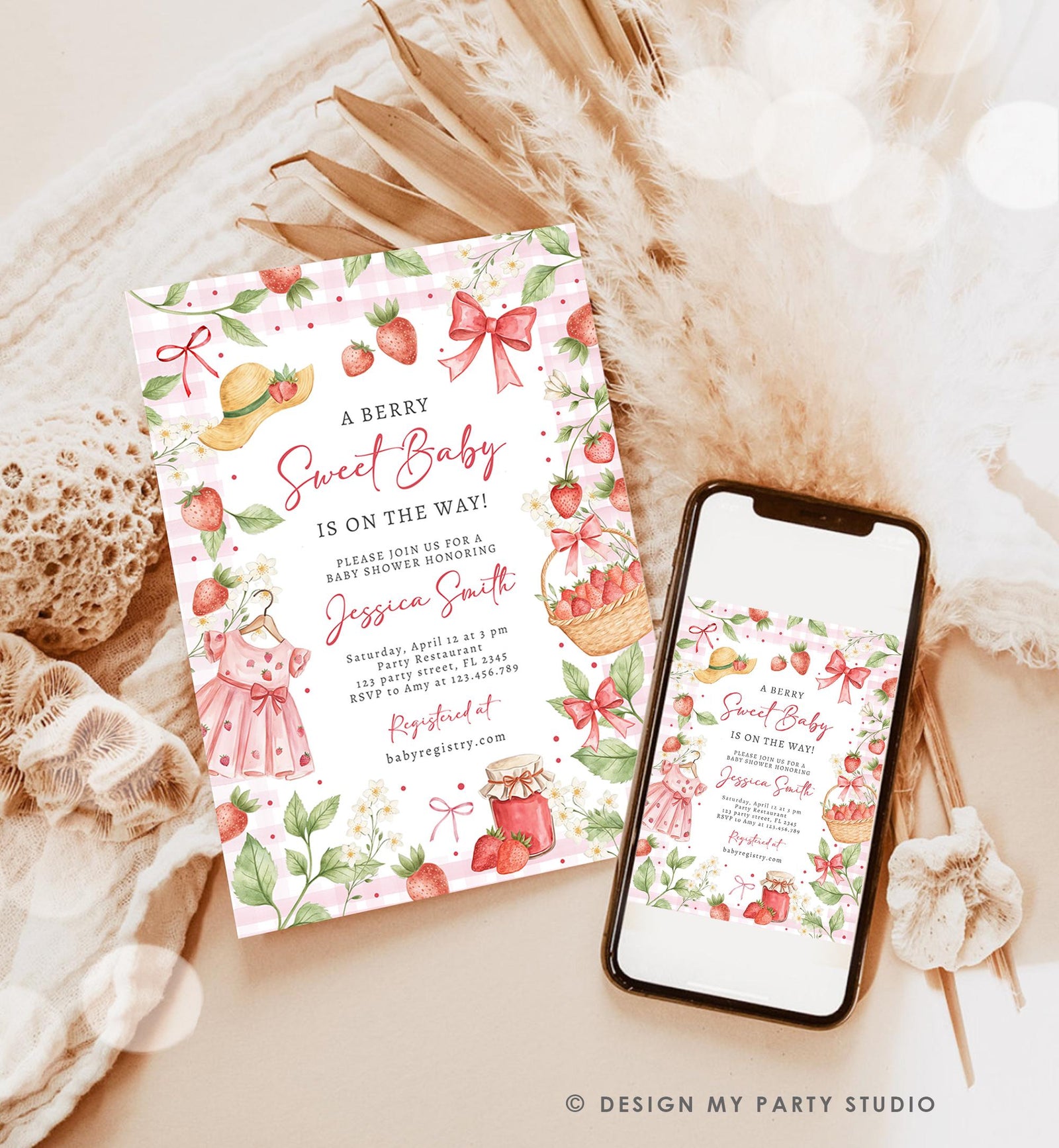 Editable Strawberry Baby Shower Invitation Cute Berry Sweet Baby Girl Strawberries Summer Digital Download Template Printable 0567
