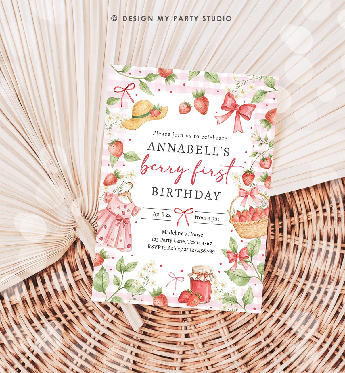 Editable Strawberry Birthday Invitation First Birthday Berry Sweet Girl Cute Strawberries 1st Digital Download Evite Template Printable 0567