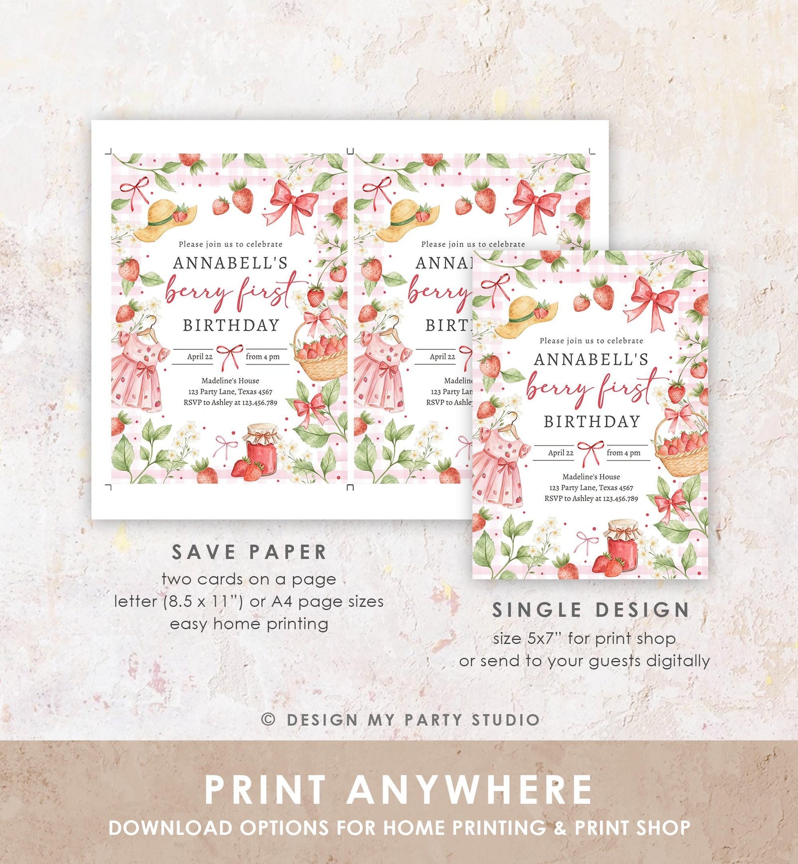 Editable Strawberry Birthday Invitation First Birthday Berry Sweet Girl Cute Strawberries 1st Digital Download Evite Template Printable 0567