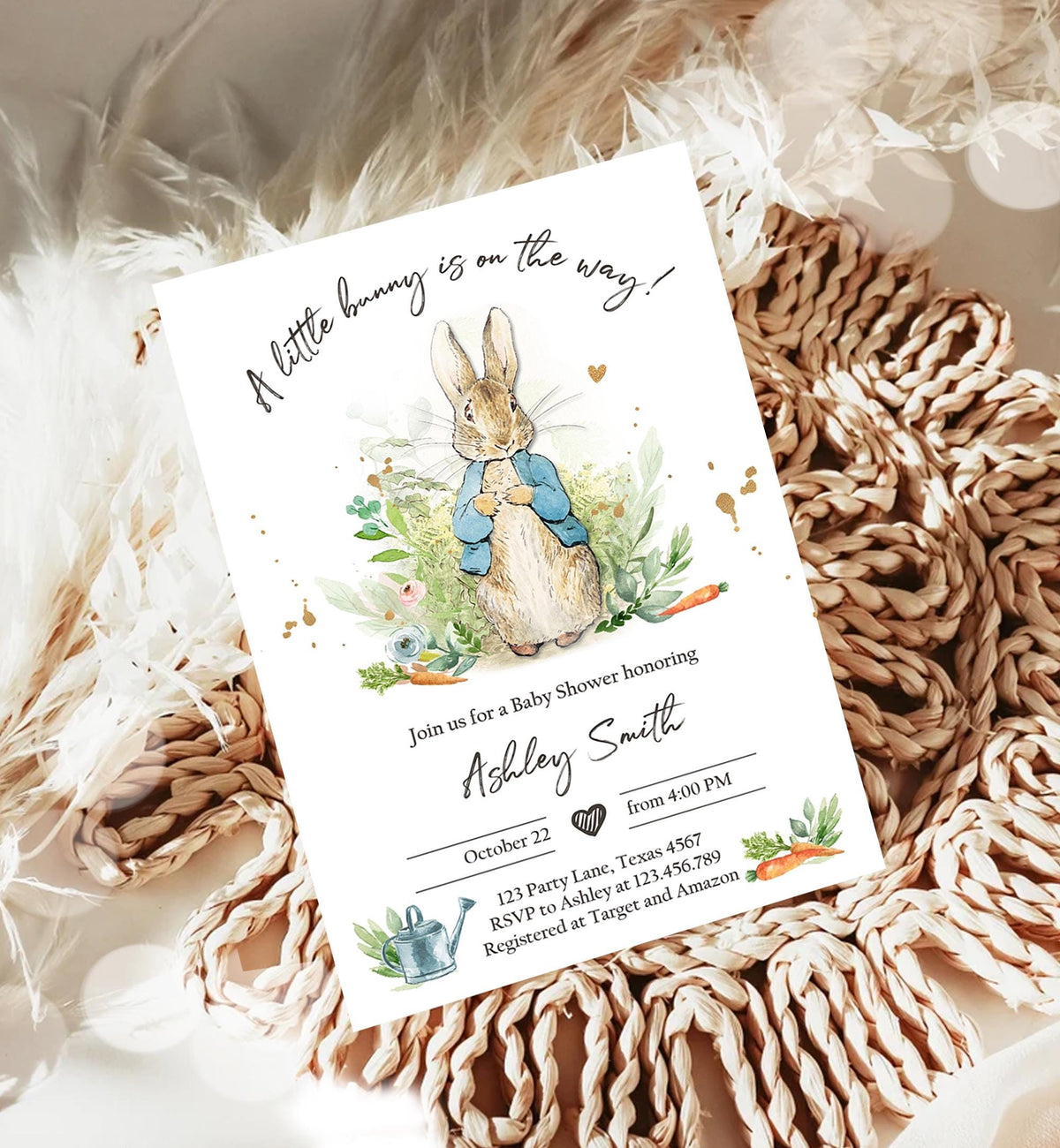 Classic Storybook Rabbit Baby Shower Invitation • Vintage Beatrix Potter Bunny Illustration • Editable Template Digital Evite Printable 0351