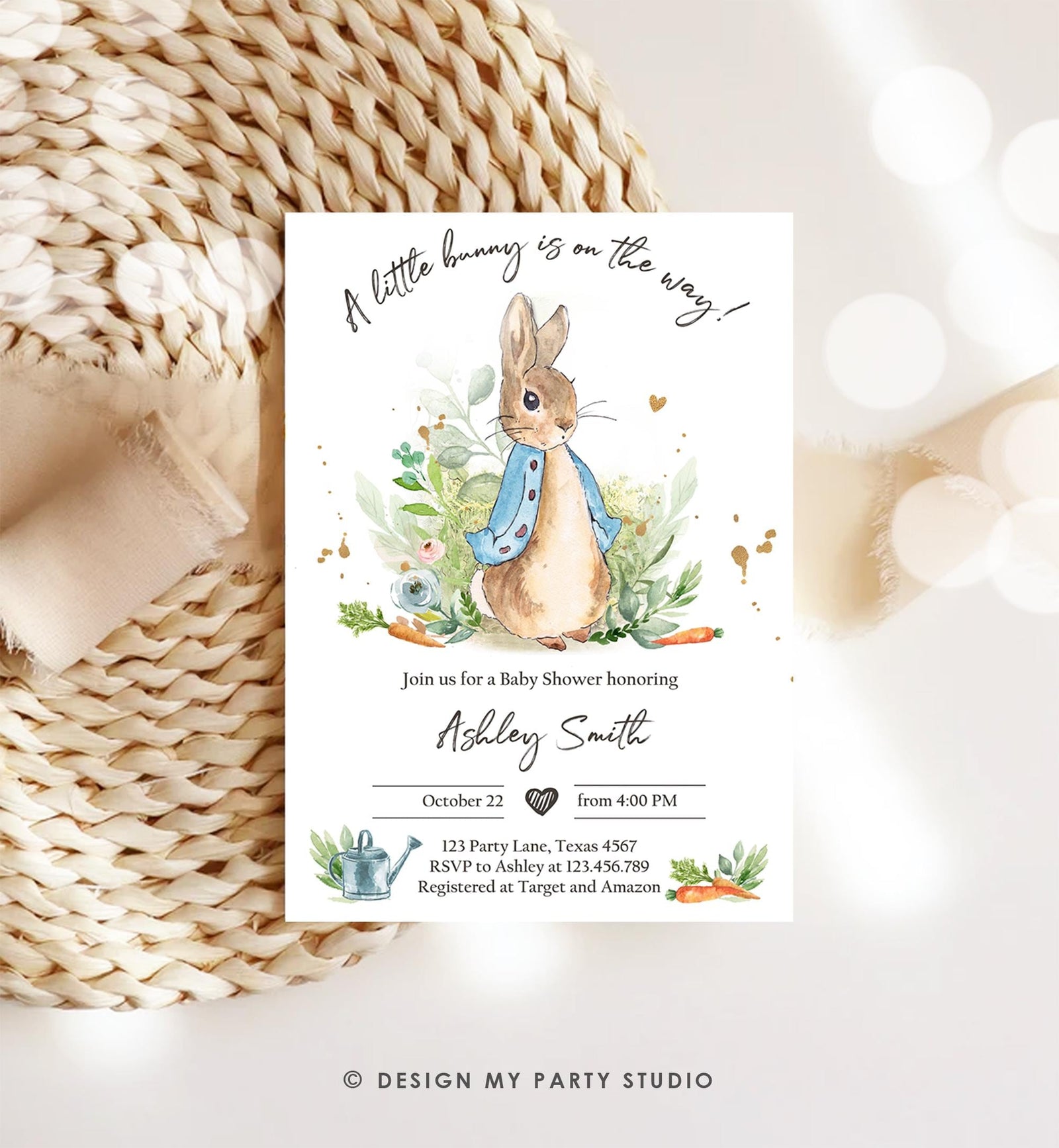 Classic Storybook Rabbit Baby Shower Invitation • Vintage Beatrix Potter Bunny Illustration • Editable Template Digital Evite Printable 0351