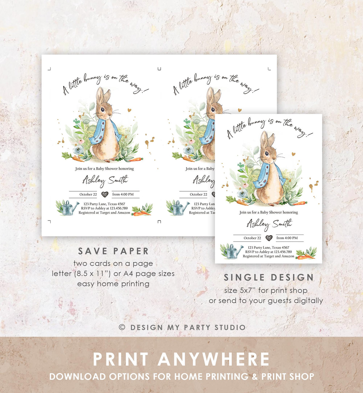 Classic Storybook Rabbit Baby Shower Invitation • Vintage Beatrix Potter Bunny Illustration • Editable Template Digital Evite Printable 0351