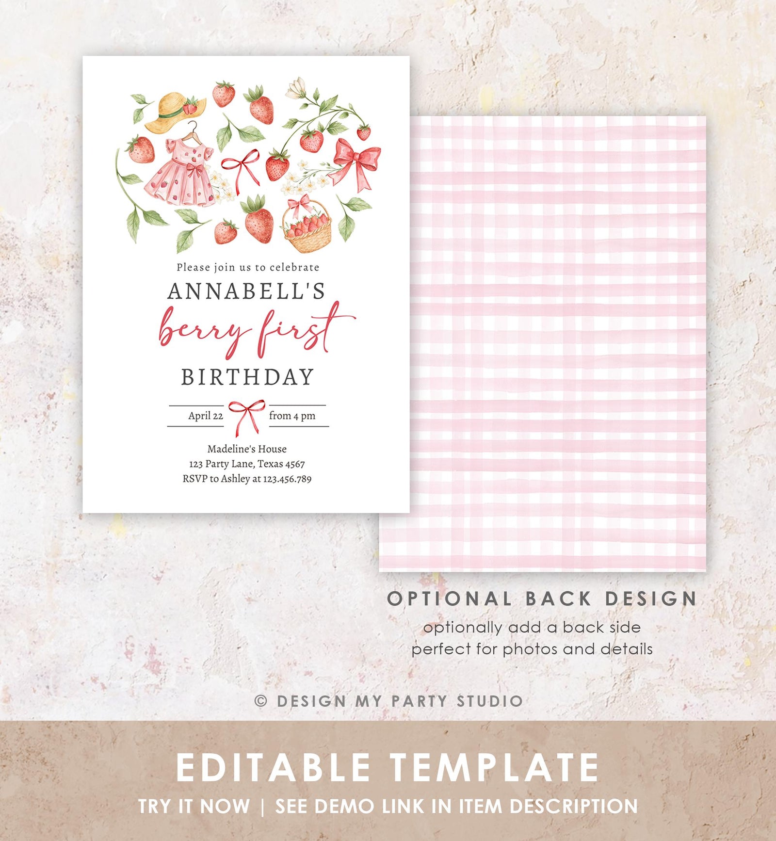 Editable Strawberry Birthday Invitation First Birthday Berry Sweet Girl Cute Strawberries 1st Digital Download Evite Template Printable 0567