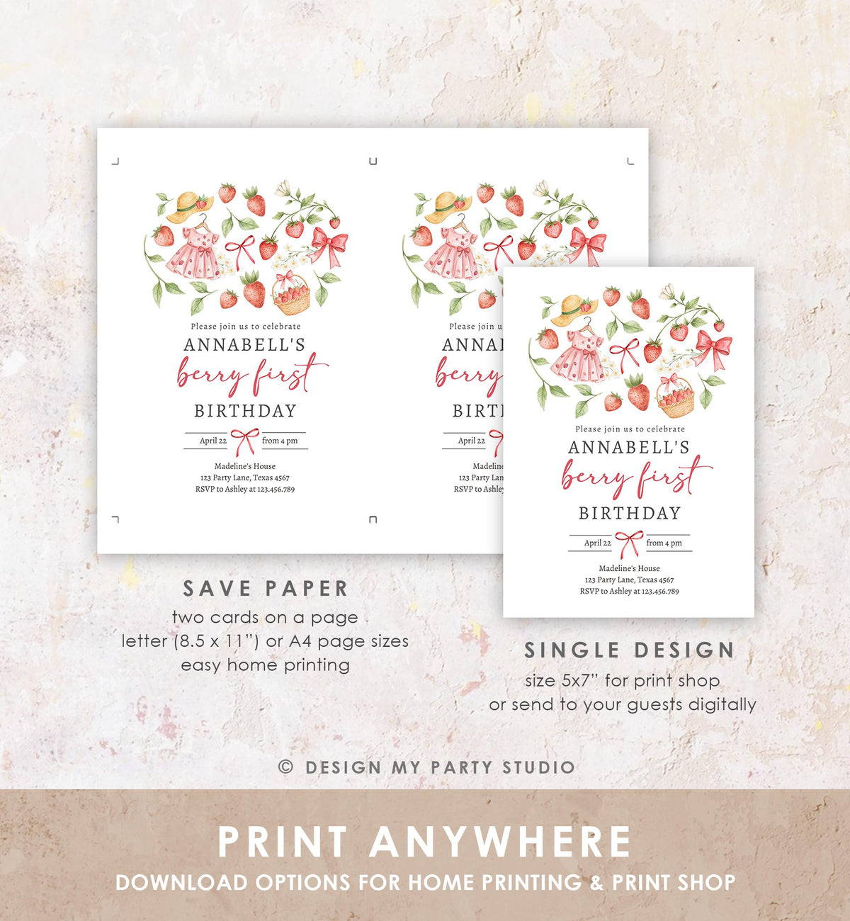 Editable Strawberry Birthday Invitation First Birthday Berry Sweet Girl Cute Strawberries 1st Digital Download Evite Template Printable 0567