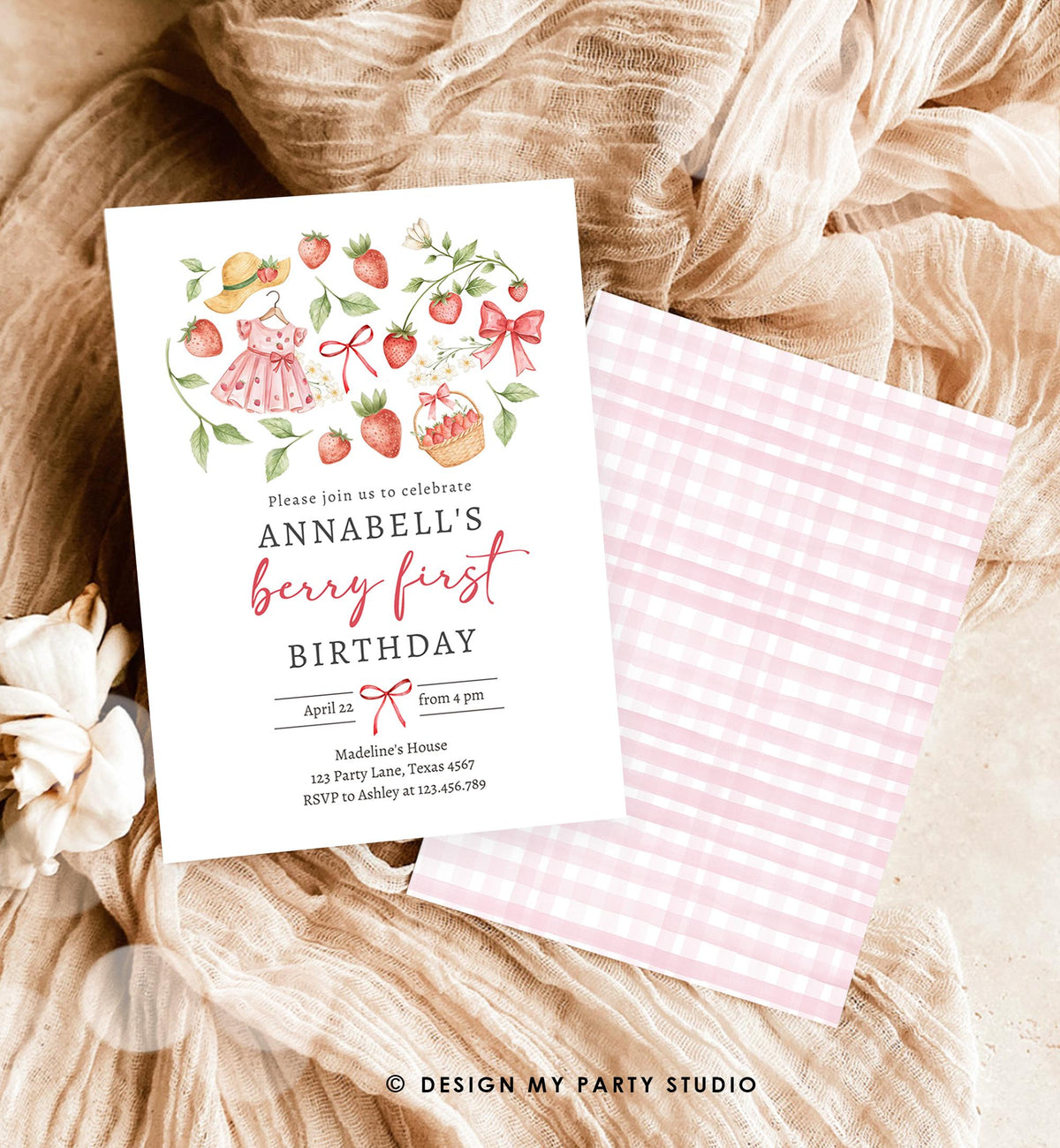 Editable Strawberry Birthday Invitation First Birthday Berry Sweet Girl Cute Strawberries 1st Digital Download Evite Template Printable 0567