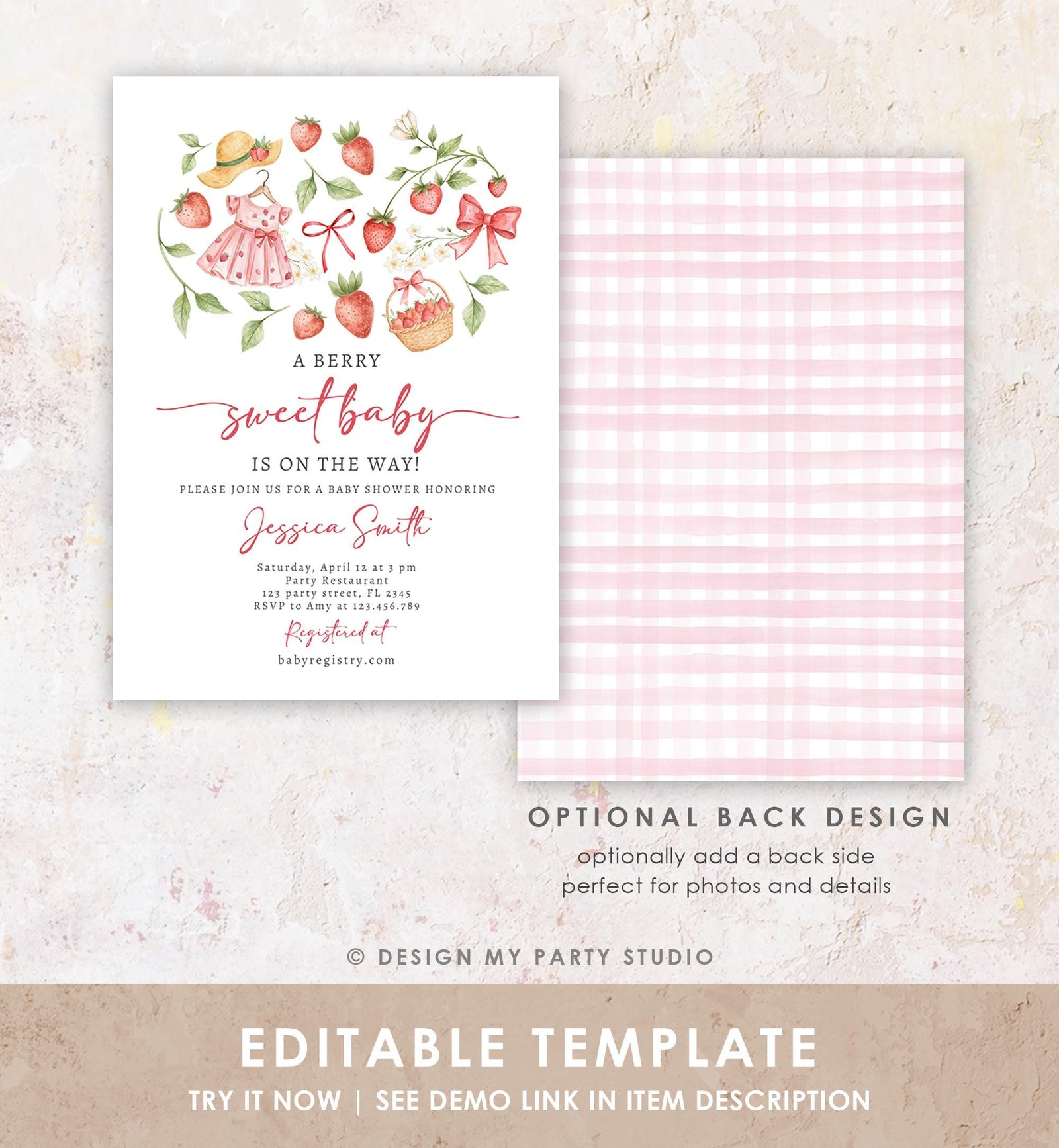 Editable Strawberry Baby Shower Invitation Cute Berry Sweet Baby Girl Strawberries Summer Digital Download Template Printable 0567