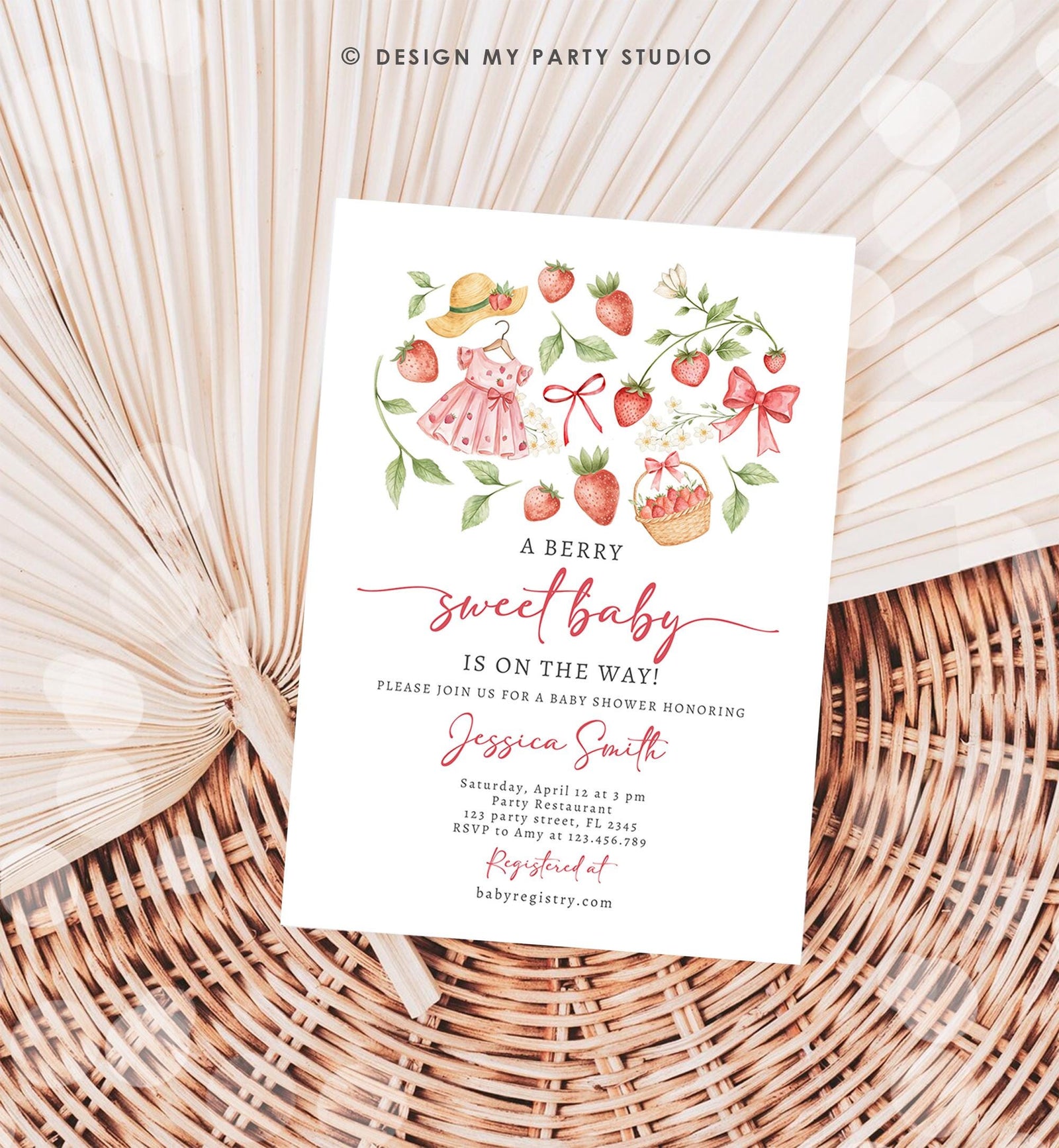 Editable Strawberry Baby Shower Invitation Cute Berry Sweet Baby Girl Strawberries Summer Digital Download Template Printable 0567