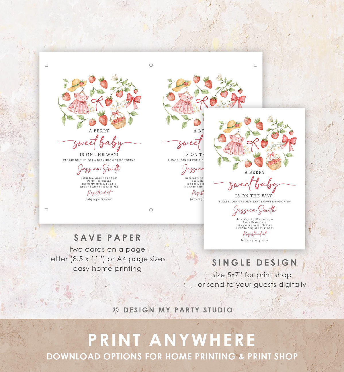 Editable Strawberry Baby Shower Invitation Cute Berry Sweet Baby Girl Strawberries Summer Digital Download Template Printable 0567