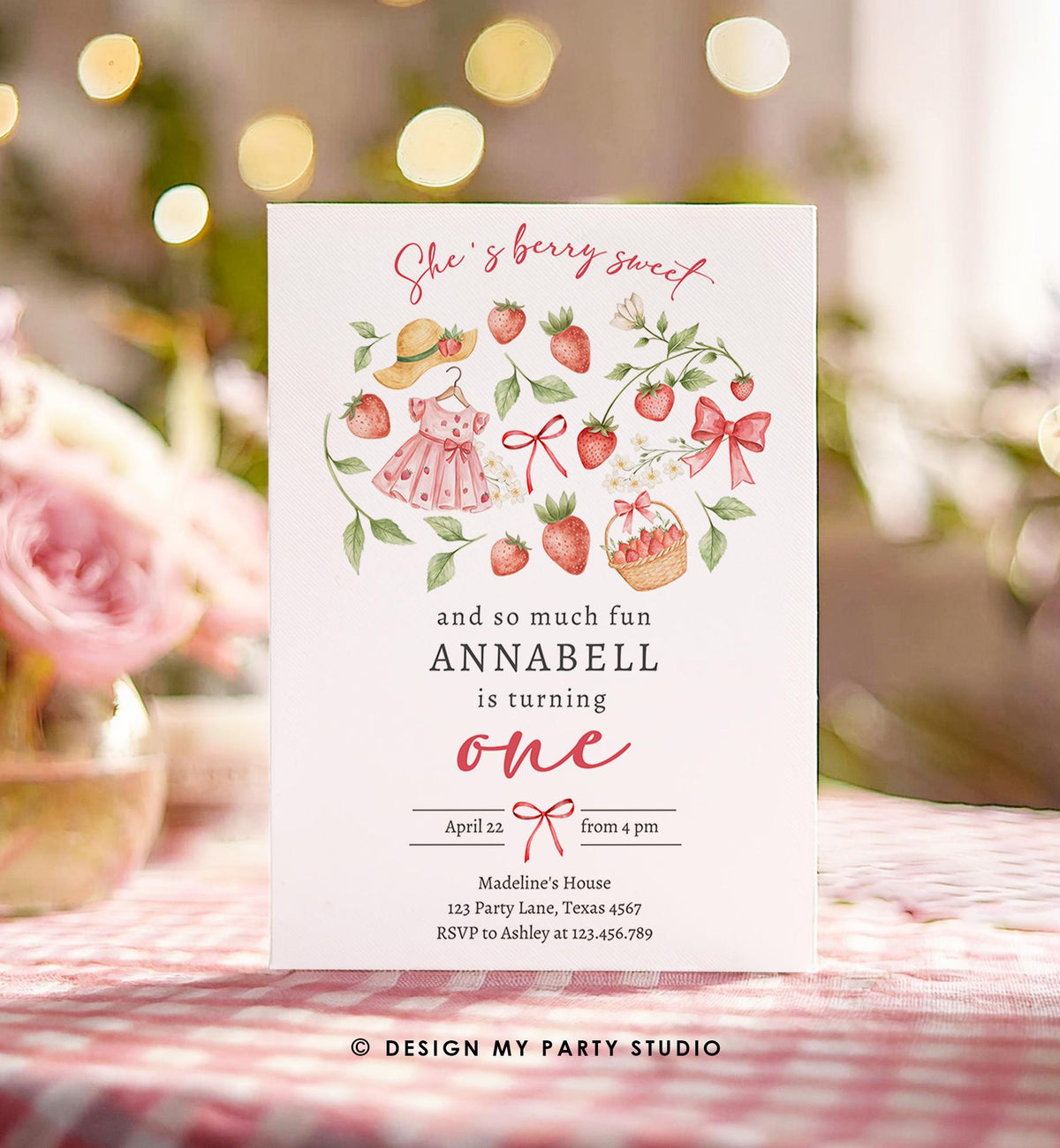Editable Strawberry Birthday Invitation First Birthday Berry Sweet Girl Cute Strawberries 1st Digital Download Evite Template Printable 0567