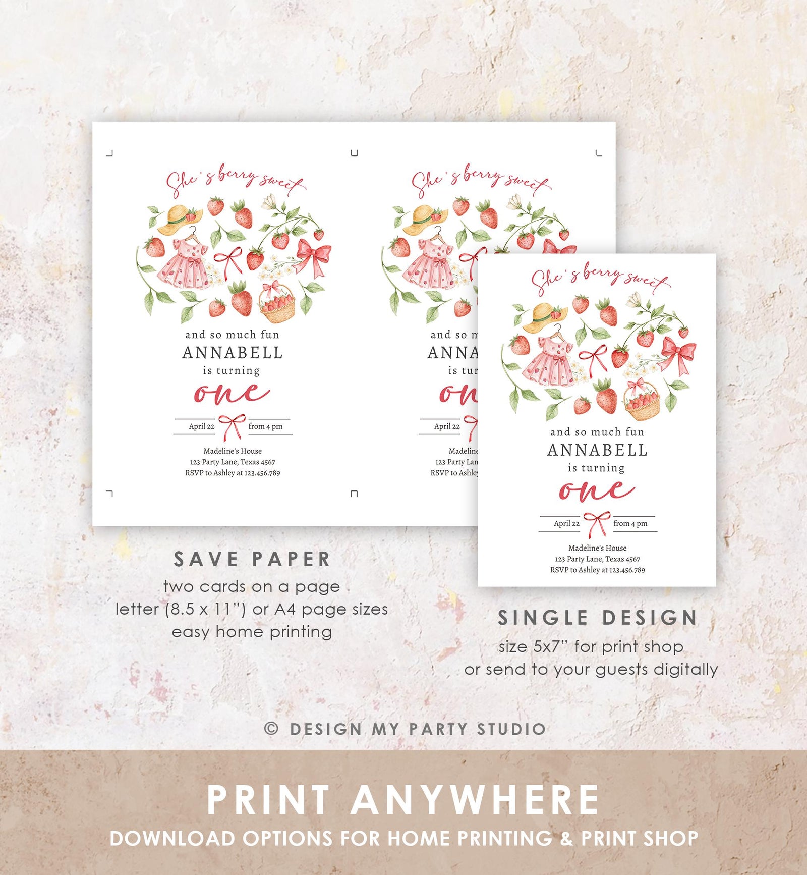 Editable Strawberry Birthday Invitation First Birthday Berry Sweet Girl Cute Strawberries 1st Digital Download Evite Template Printable 0567