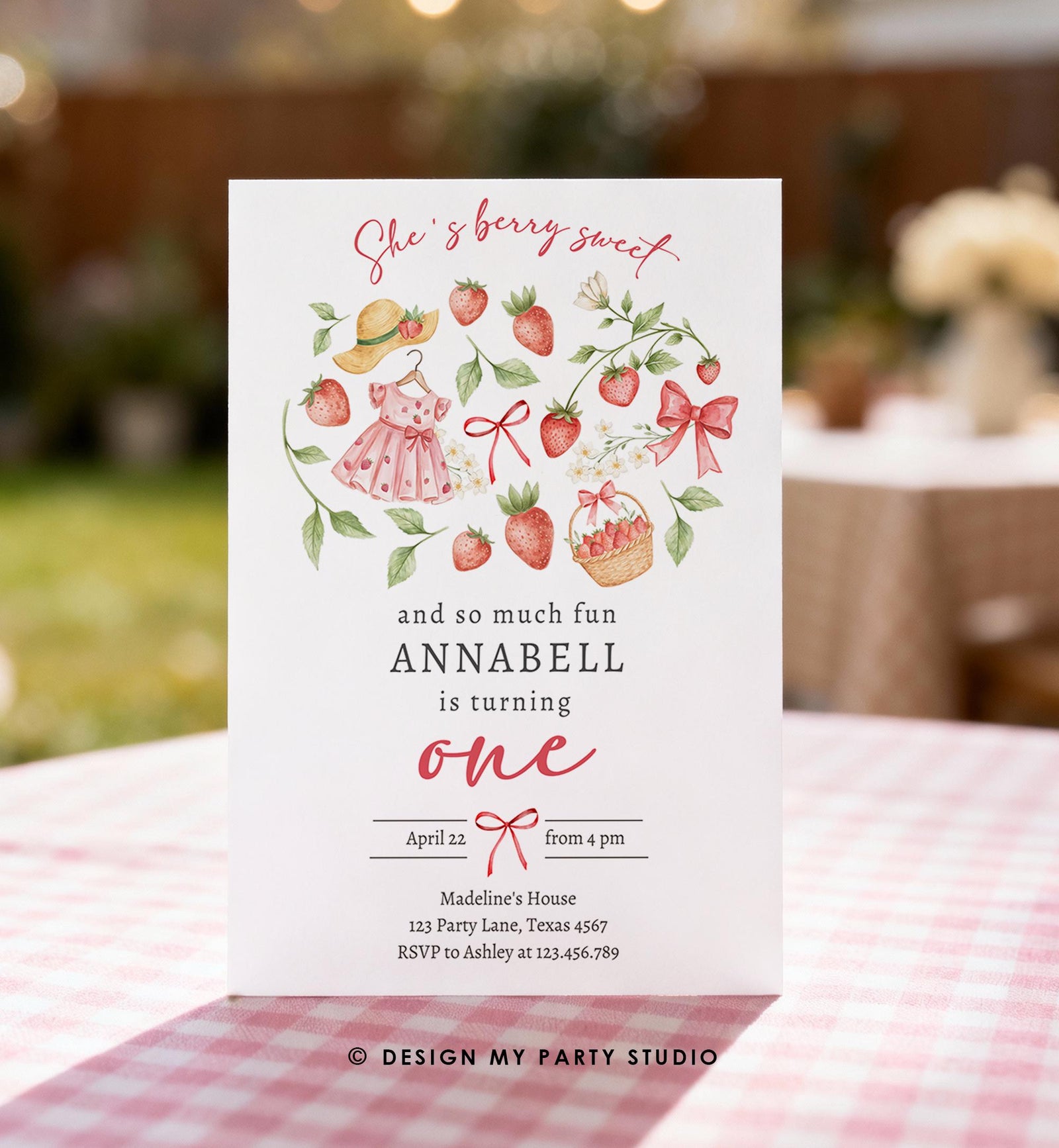 Editable Strawberry Birthday Invitation First Birthday Berry Sweet Girl Cute Strawberries 1st Digital Download Evite Template Printable 0567