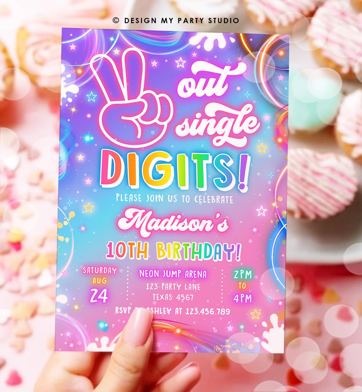 Editable Peace Out Single Digits Birthday Invitation Neon Glow Disco Girl 10th Birthday Party Digital Download Evite Template Printable 0568
