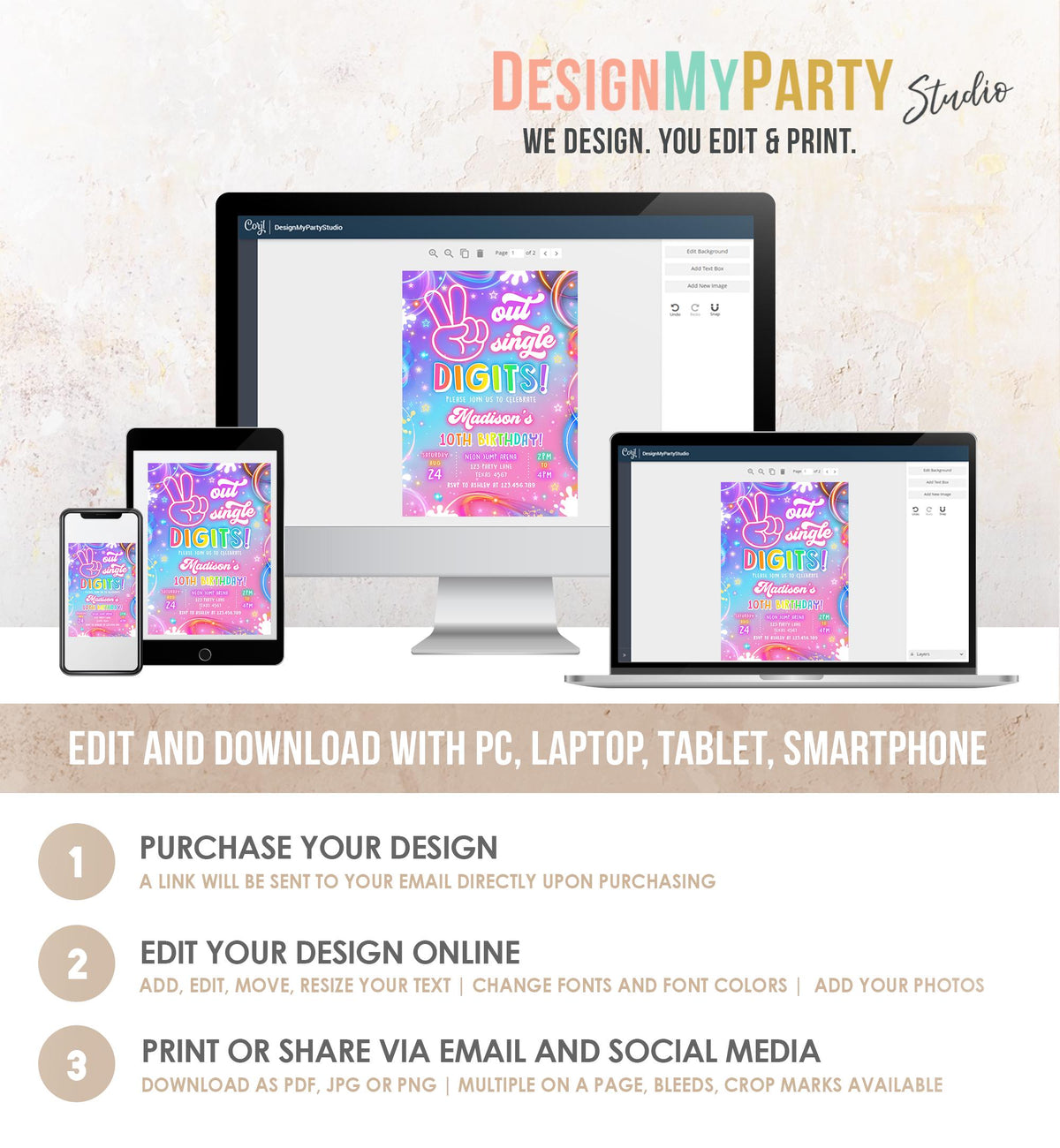 Editable Peace Out Single Digits Birthday Invitation Neon Glow Disco Girl 10th Birthday Party Digital Download Evite Template Printable 0568