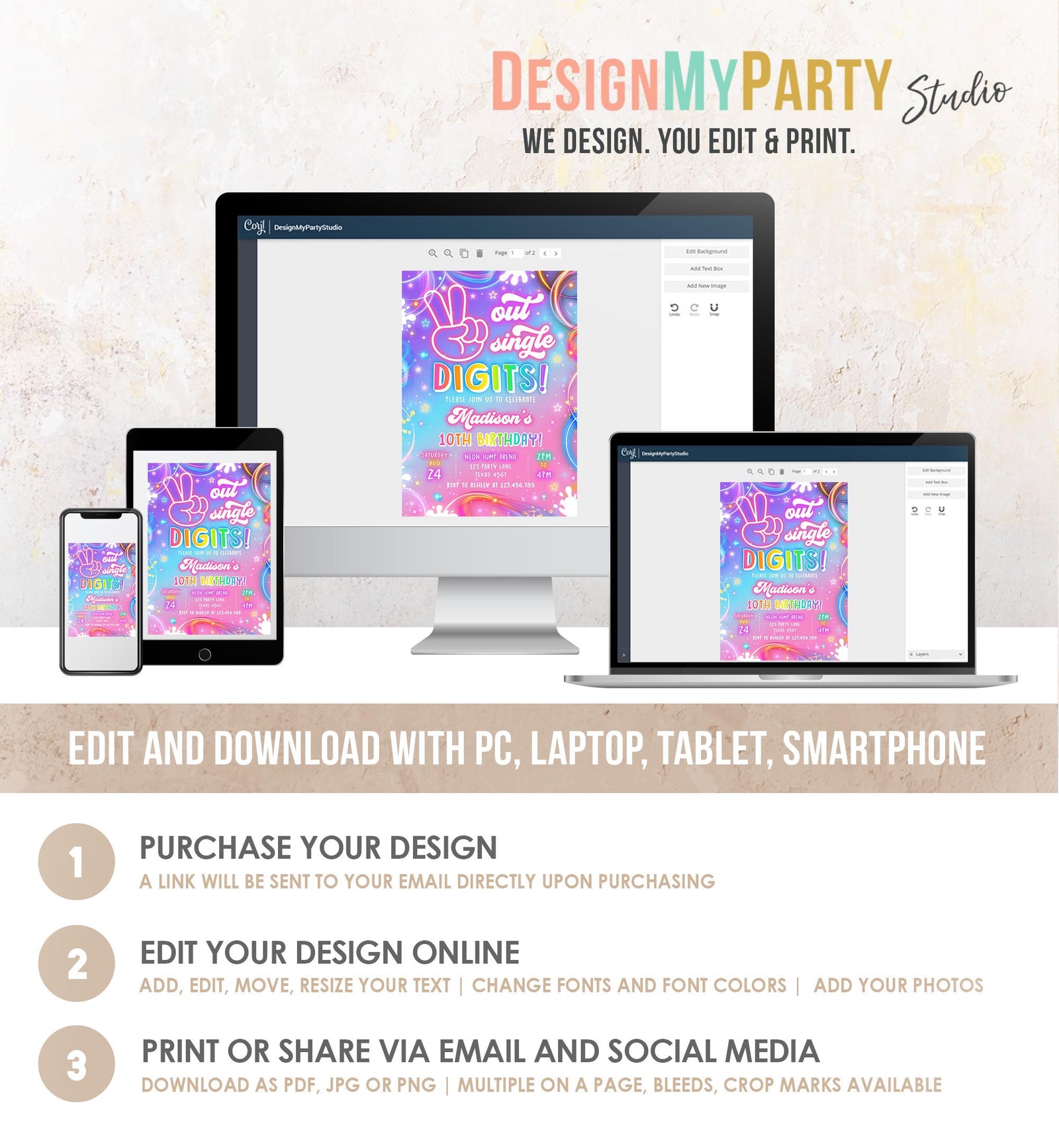 Editable Peace Out Single Digits Birthday Invitation Neon Glow Disco Girl 10th Birthday Party Digital Download Evite Template Printable 0568
