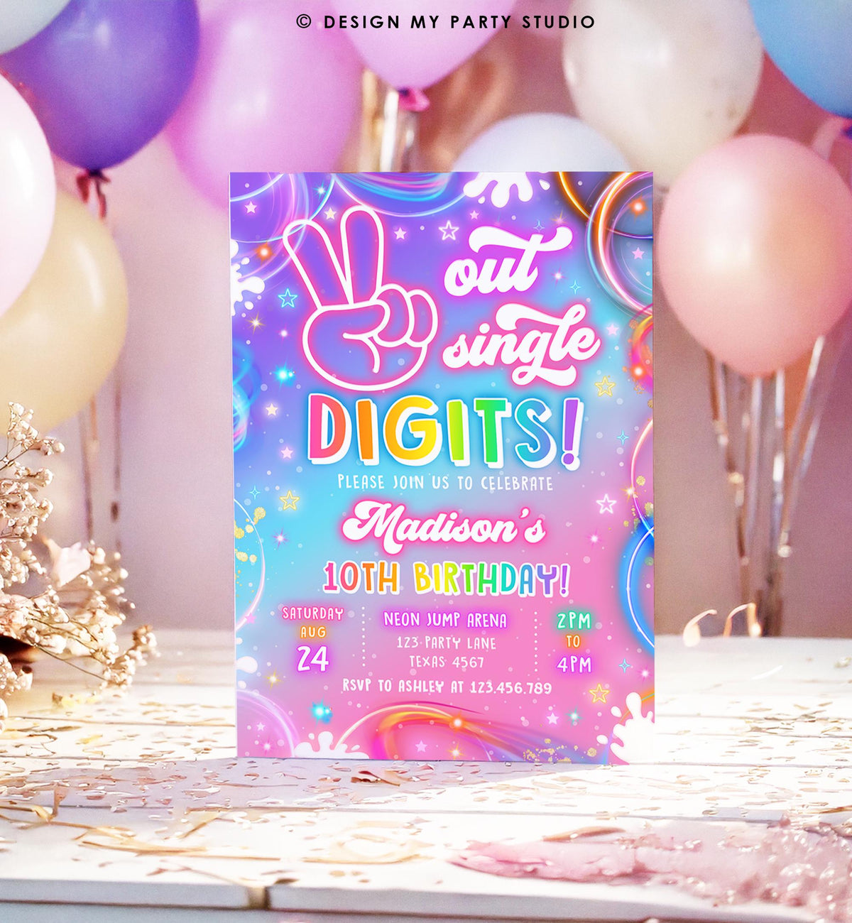 Editable Peace Out Single Digits Birthday Invitation Neon Glow Disco Girl 10th Birthday Party Digital Download Evite Template Printable 0568