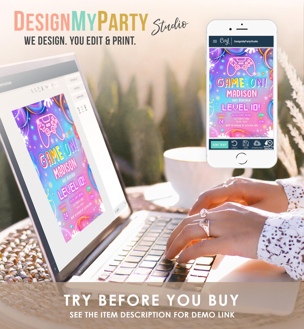 Editable Game On Birthday Invitation Video Game Gamer Level Up Neon Glow Girl Epic Play Party Fun Digital Evite Template Printable 0568