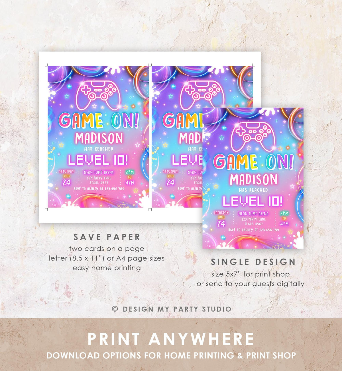 Editable Game On Birthday Invitation Video Game Gamer Level Up Neon Glow Girl Epic Play Party Fun Digital Evite Template Printable 0568