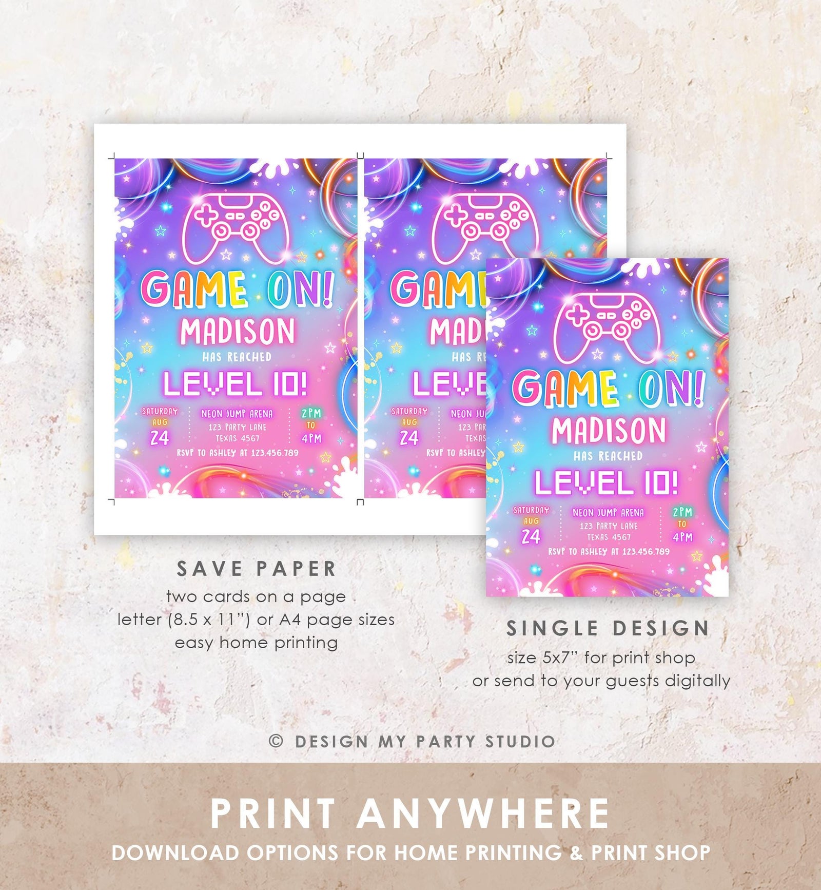 Editable Game On Birthday Invitation Video Game Gamer Level Up Neon Glow Girl Epic Play Party Fun Digital Evite Template Printable 0568