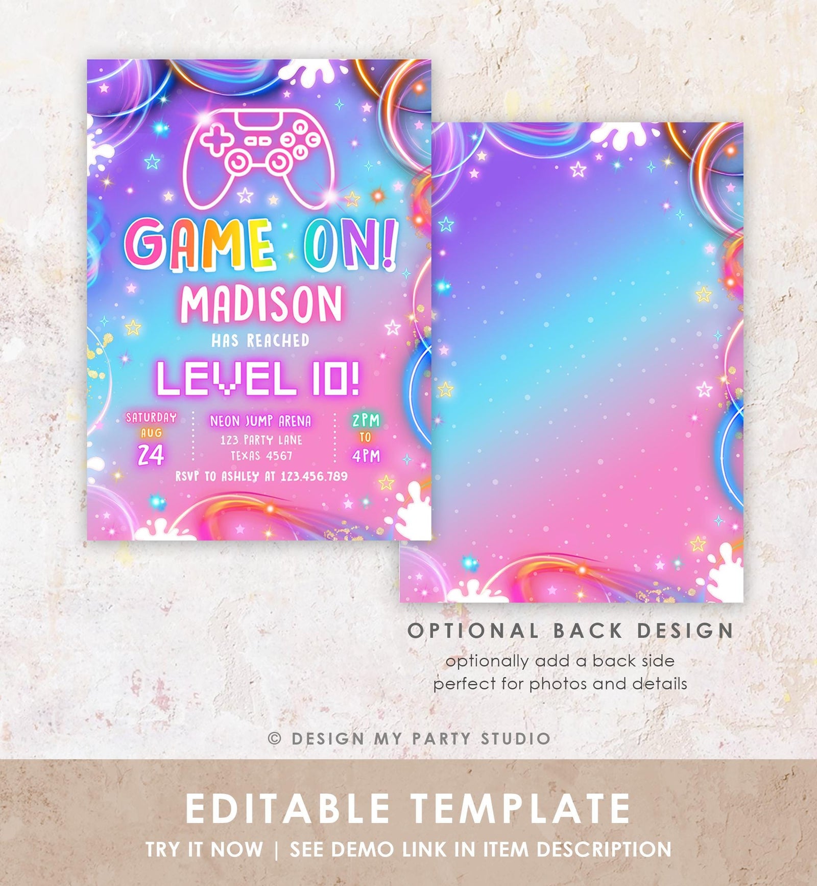 Editable Game On Birthday Invitation Video Game Gamer Level Up Neon Glow Girl Epic Play Party Fun Digital Evite Template Printable 0568