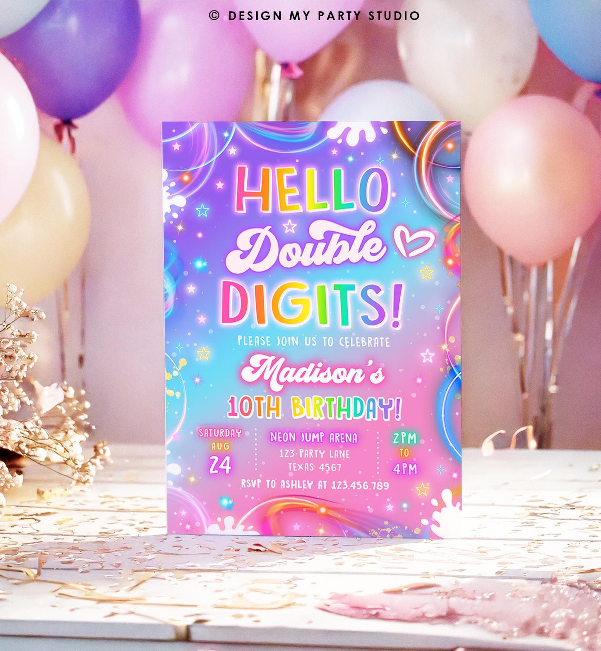 Editable Hello Double Digits Birthday Invitation Neon Glow Disco Girl 10th Birthday Party Digital Download Evite Template Printable 0568
