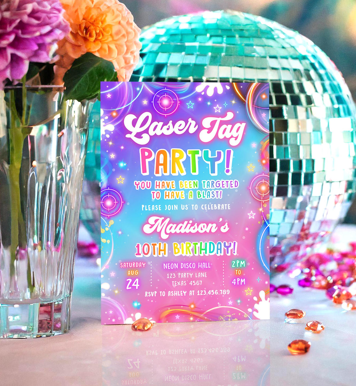 Editable Laser Tag Birthday Invitation Girl Game Gamer Level Up Neon Glow Girl Epic Play Party Fun Digital Evite Template Printable 0568