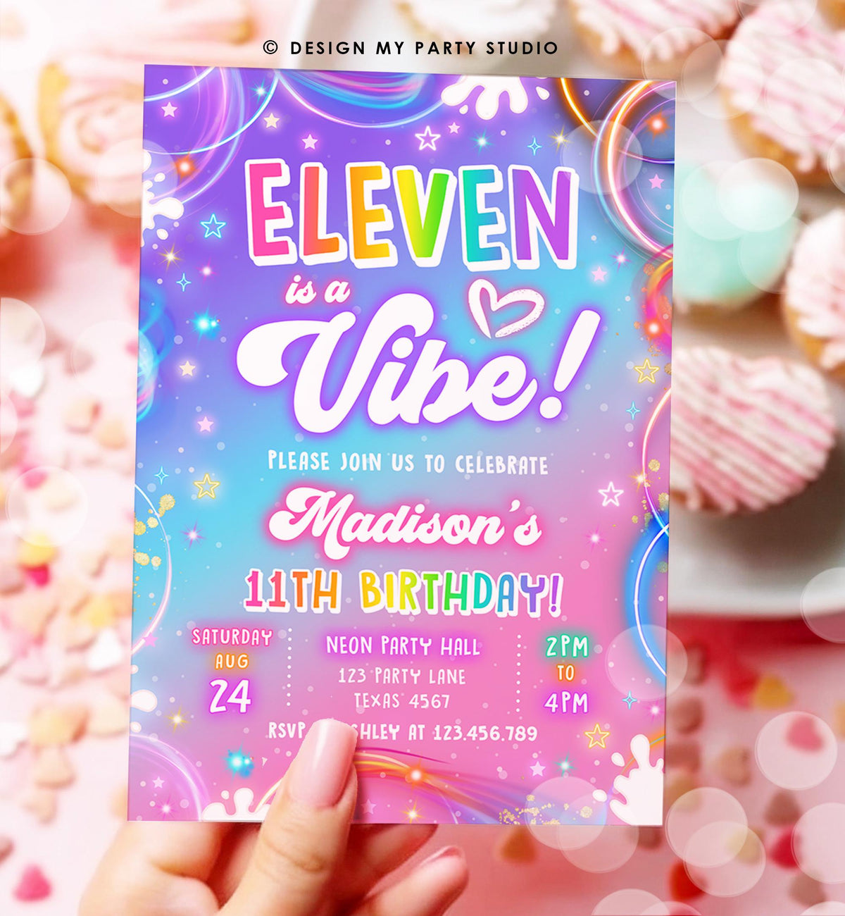 Editable Eleven is a Vibe Birthday Invitation Girl Retro Groovy 11th Neon Glow Girl Party Digital Evite Template Printable 0568