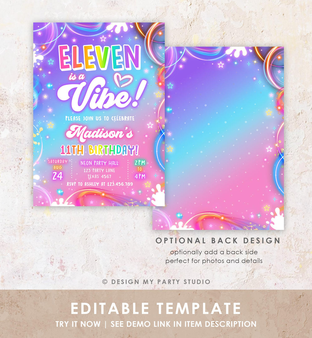 Editable Eleven is a Vibe Birthday Invitation Girl Retro Groovy 11th Neon Glow Girl Party Digital Evite Template Printable 0568
