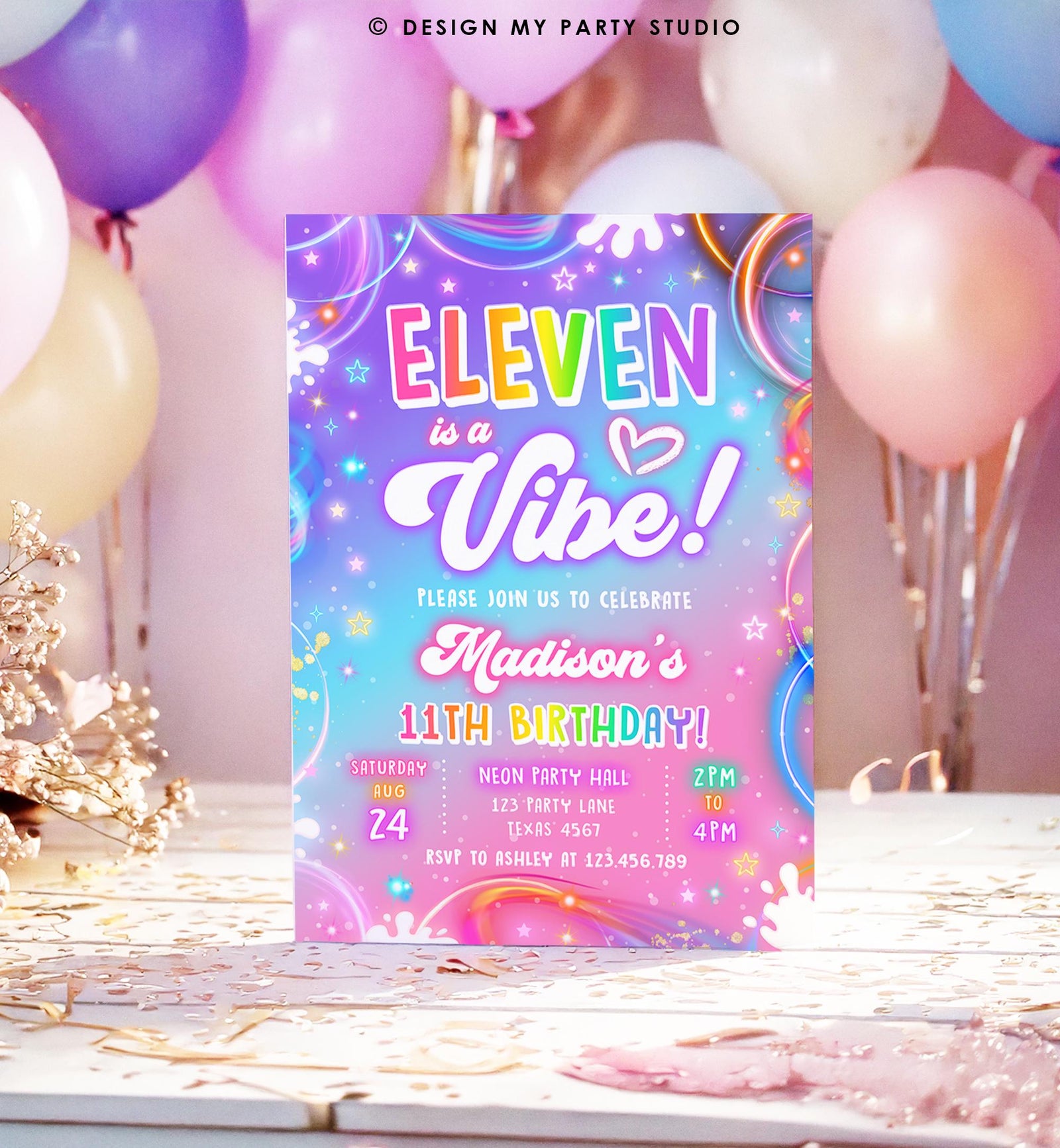 Editable Eleven is a Vibe Birthday Invitation Girl Retro Groovy 11th Neon Glow Girl Party Digital Evite Template Printable 0568