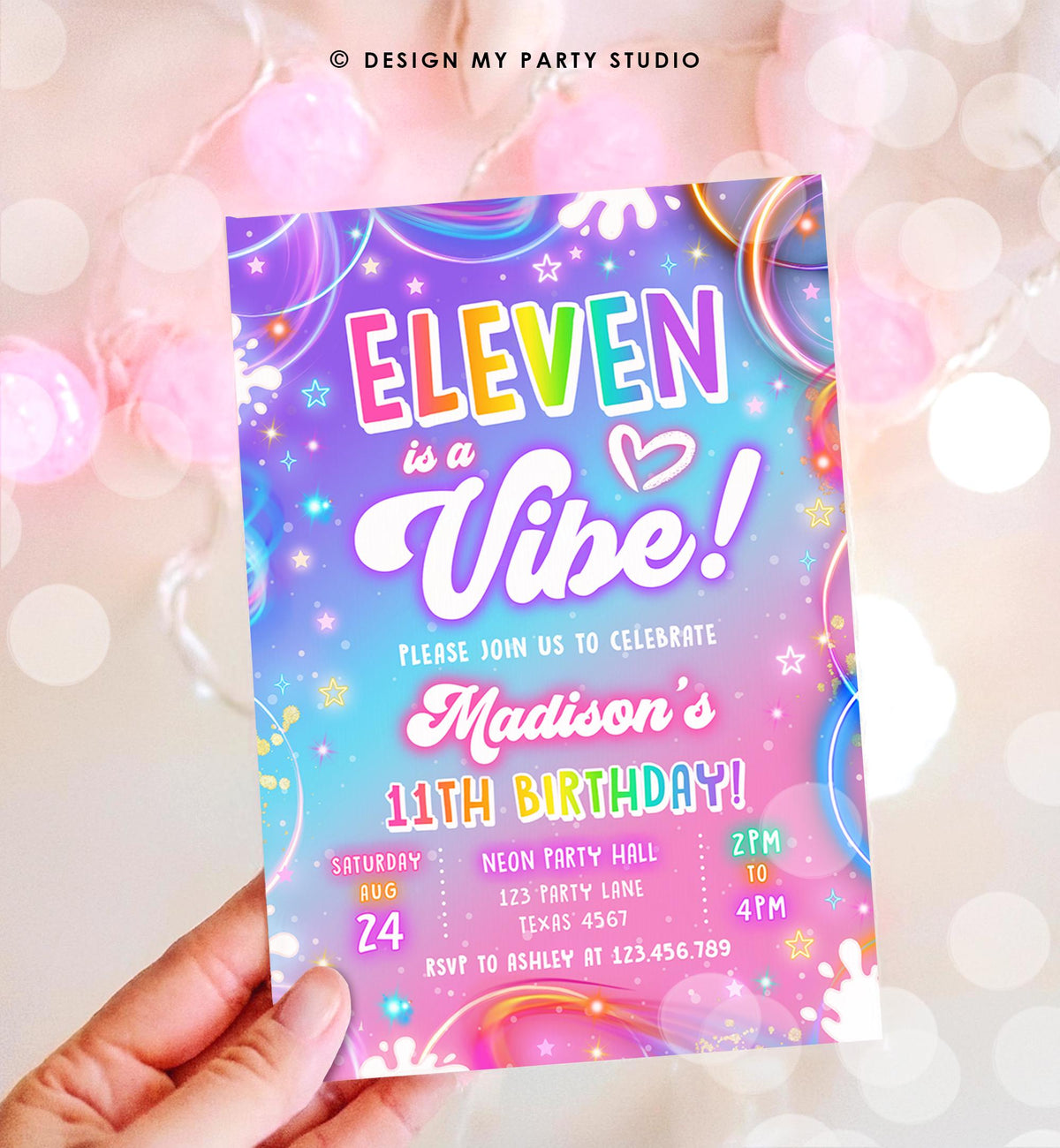 Editable Eleven is a Vibe Birthday Invitation Girl Retro Groovy 11th Neon Glow Girl Party Digital Evite Template Printable 0568