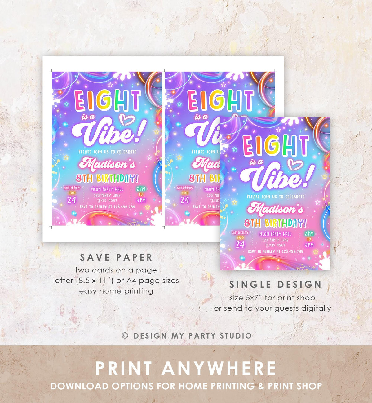 Editable Eight is a Vibe Birthday Invitation Girl Retro Groovy 8th Neon Glow Girl Party Digital Evite Template Printable 0568