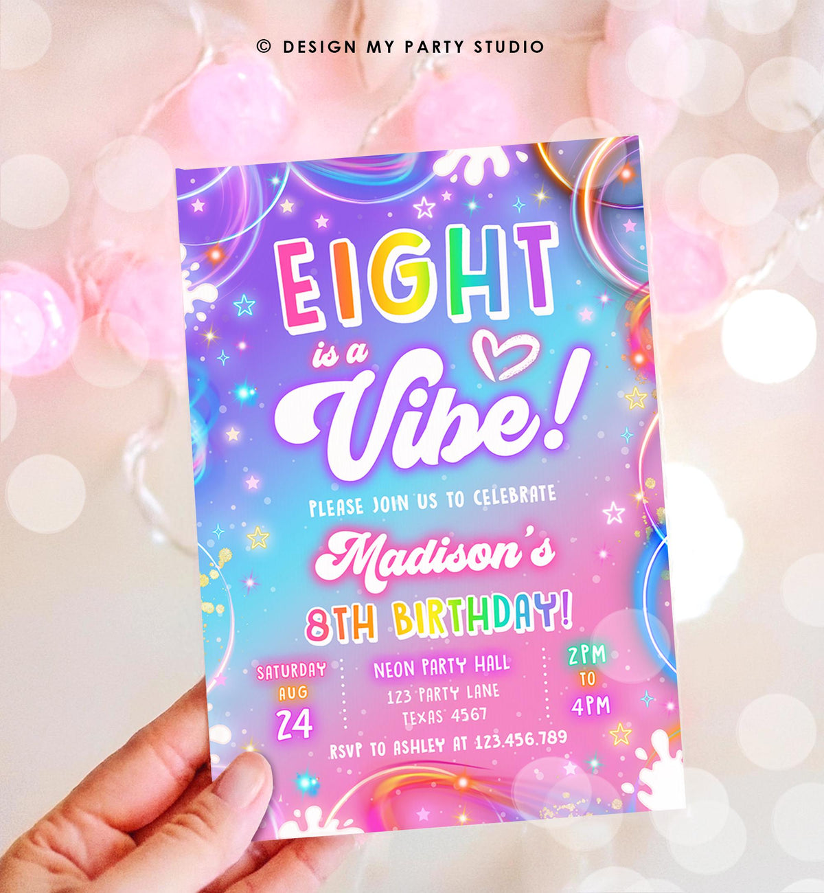 Editable Eight is a Vibe Birthday Invitation Girl Retro Groovy 8th Neon Glow Girl Party Digital Evite Template Printable 0568