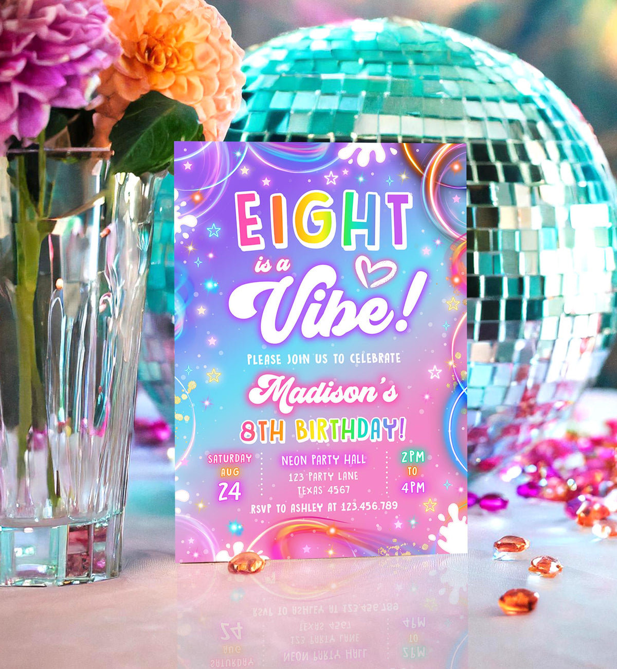 Editable Eight is a Vibe Birthday Invitation Girl Retro Groovy 8th Neon Glow Girl Party Digital Evite Template Printable 0568