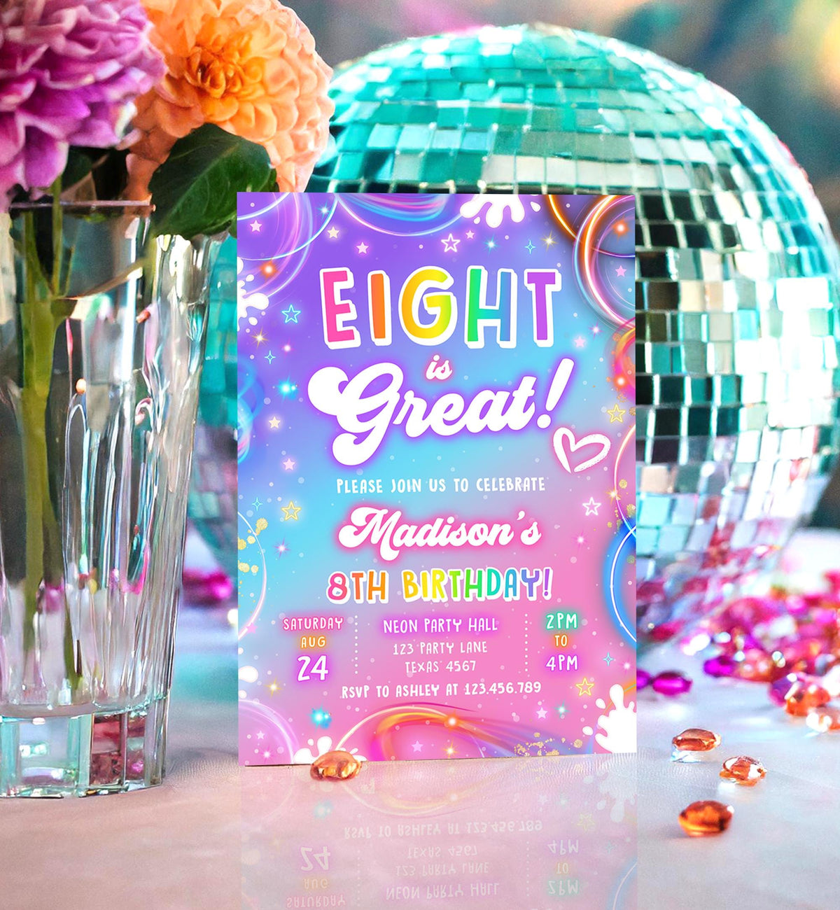 Editable Eight is Great Birthday Invitation Girl Retro Groovy Vibe 8th Neon Glow Girl Party Digital Evite Template Printable 0568