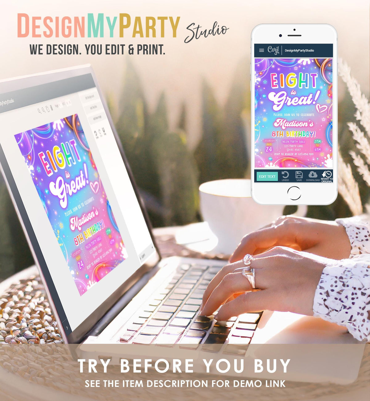 Editable Eight is Great Birthday Invitation Girl Retro Groovy Vibe 8th Neon Glow Girl Party Digital Evite Template Printable 0568