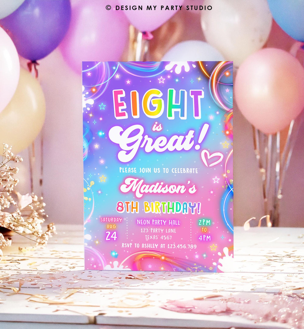 Editable Eight is Great Birthday Invitation Girl Retro Groovy Vibe 8th Neon Glow Girl Party Digital Evite Template Printable 0568