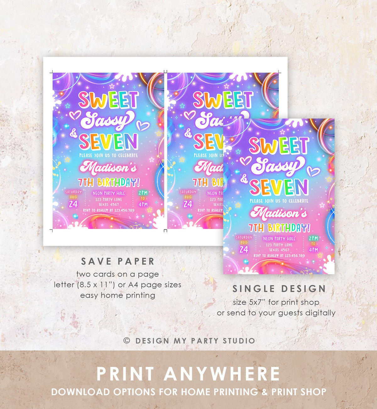 Editable Sweet Sassy And Seven Birthday Invitation 67 Girl Retro Groovy Vibe 7th Neon Glow Girl Party Digital Evite Template Printable 0568