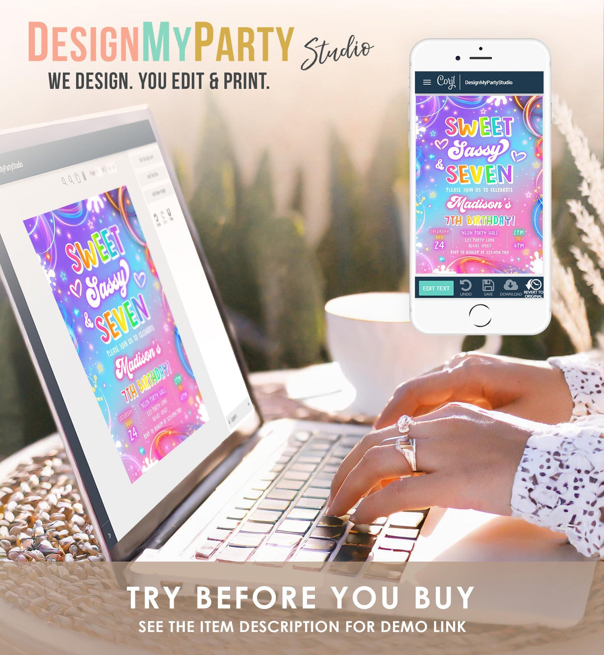 Editable Sweet Sassy And Seven Birthday Invitation 67 Girl Retro Groovy Vibe 7th Neon Glow Girl Party Digital Evite Template Printable 0568