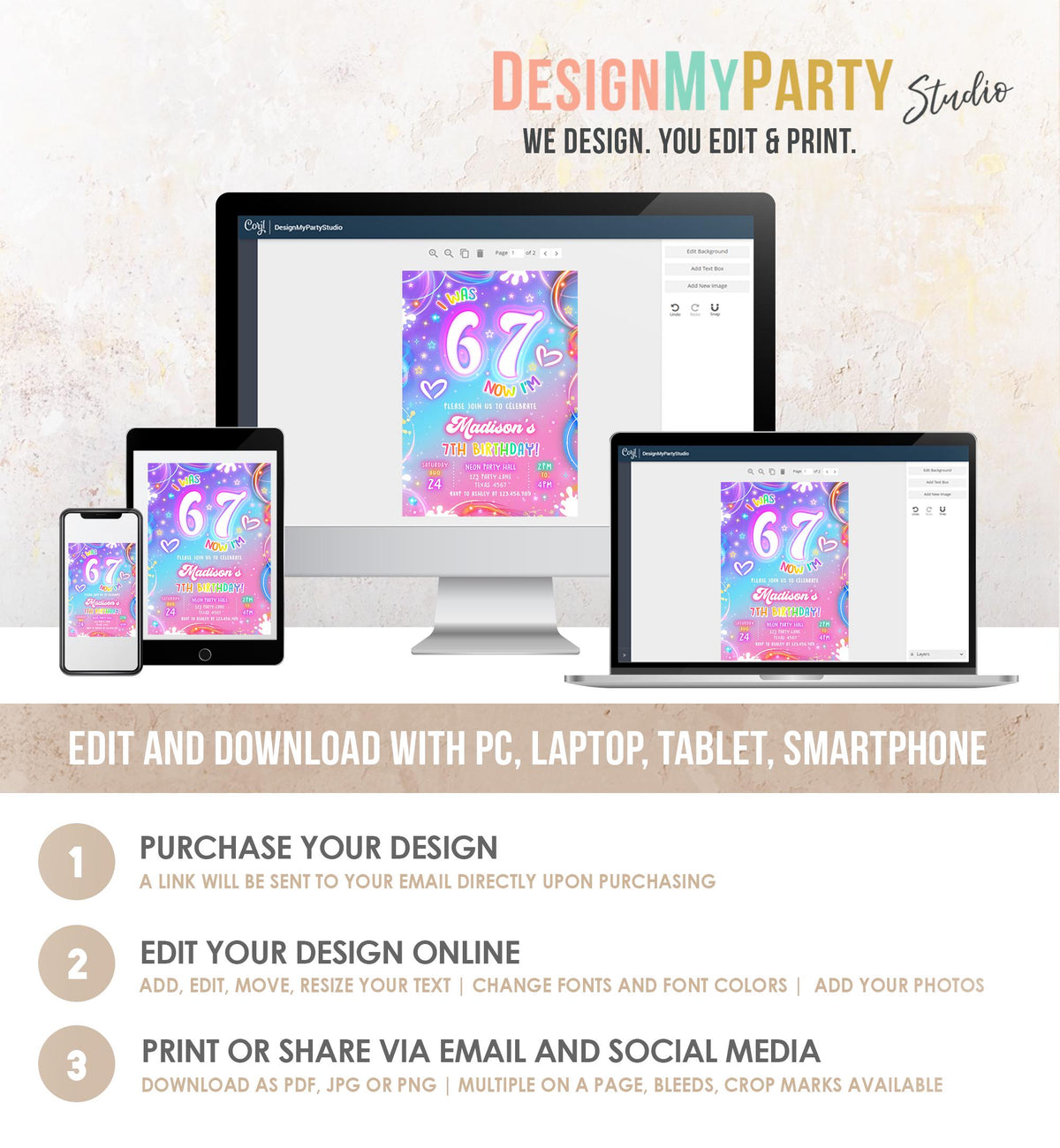 Editable 6 7 Birthday Invitation Girl 7th Retro Groovy Vibe Six Seven Neon Glow Girl Party Digital Evite Template Printable 0568