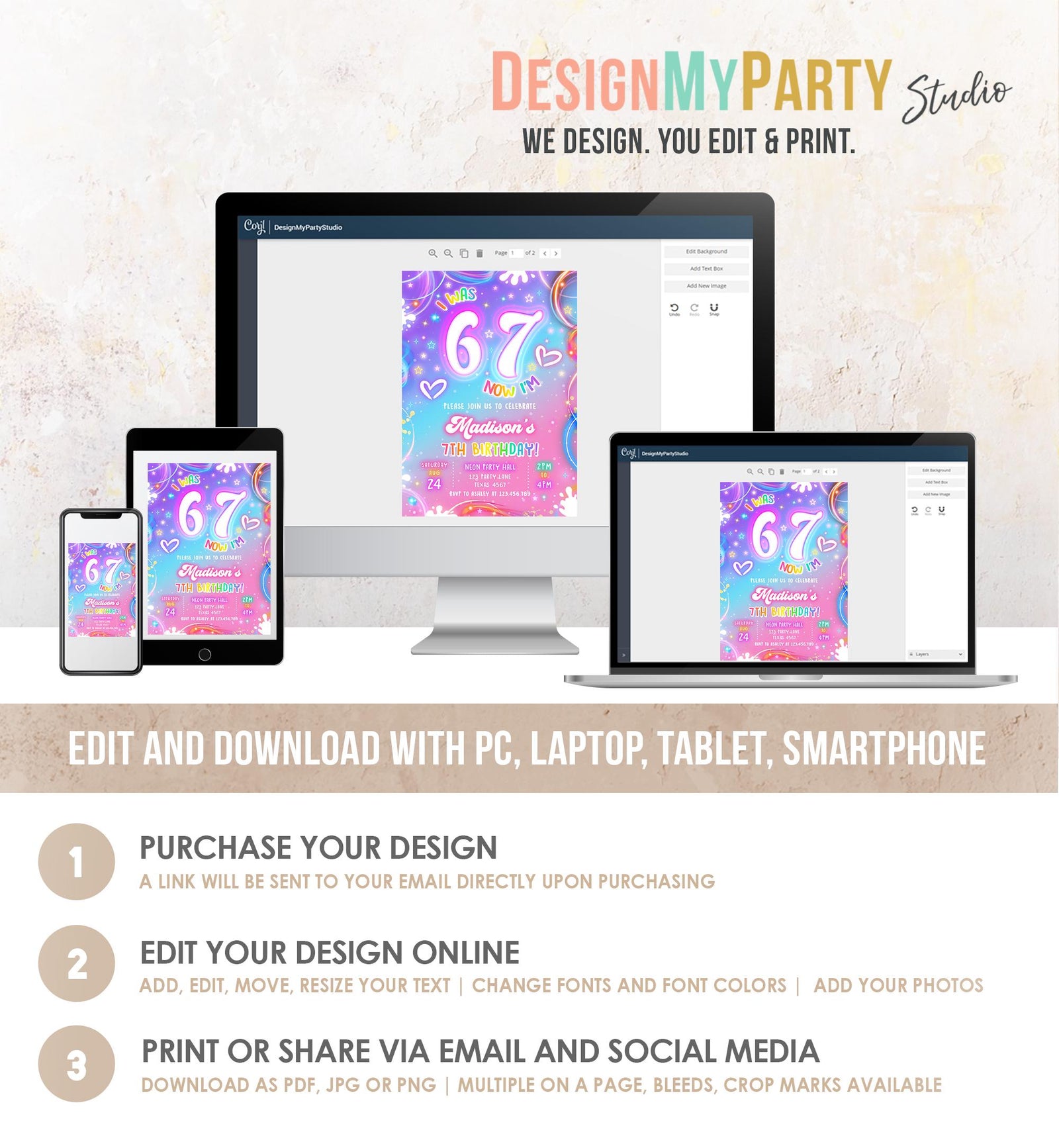 Editable 6 7 Birthday Invitation Girl 7th Retro Groovy Vibe Six Seven Neon Glow Girl Party Digital Evite Template Printable 0568