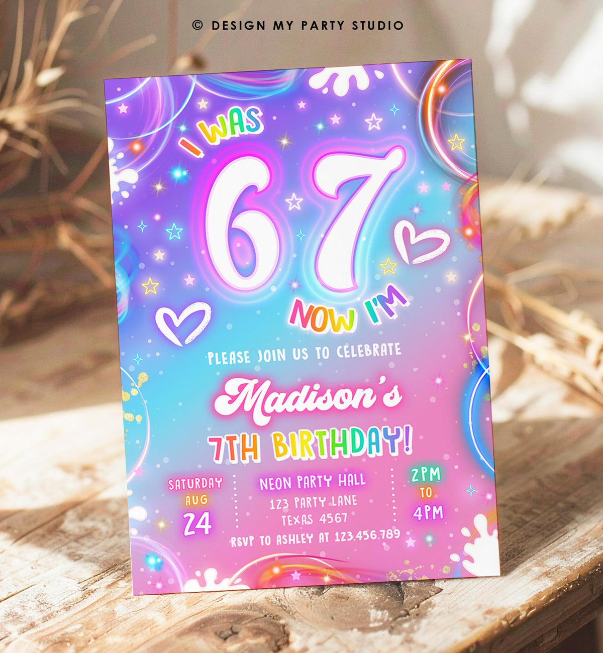 Editable 6 7 Birthday Invitation Girl 7th Retro Groovy Vibe Six Seven Neon Glow Girl Party Digital Evite Template Printable 0568