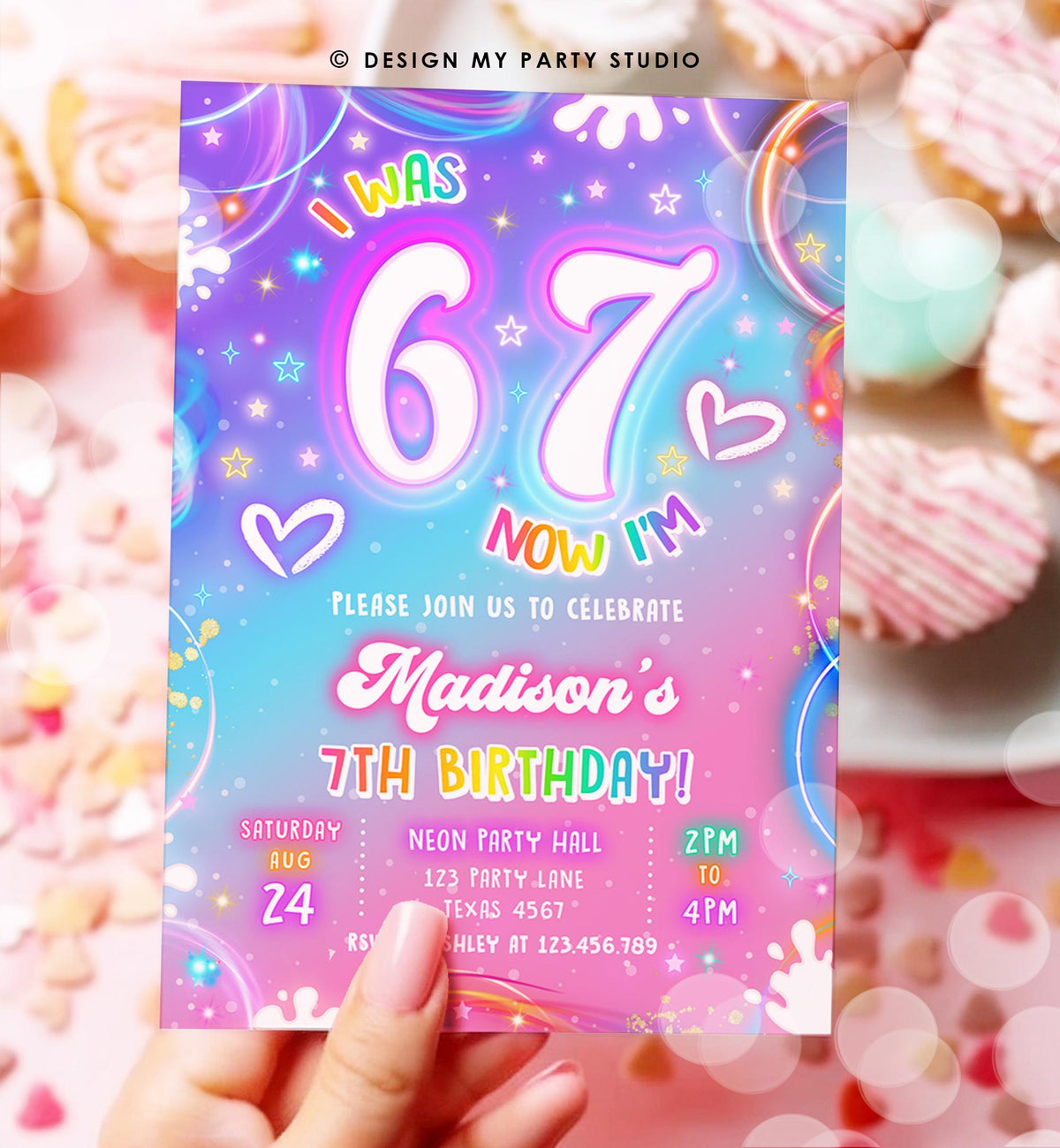Editable 6 7 Birthday Invitation Girl 7th Retro Groovy Vibe Six Seven Neon Glow Girl Party Digital Evite Template Printable 0568