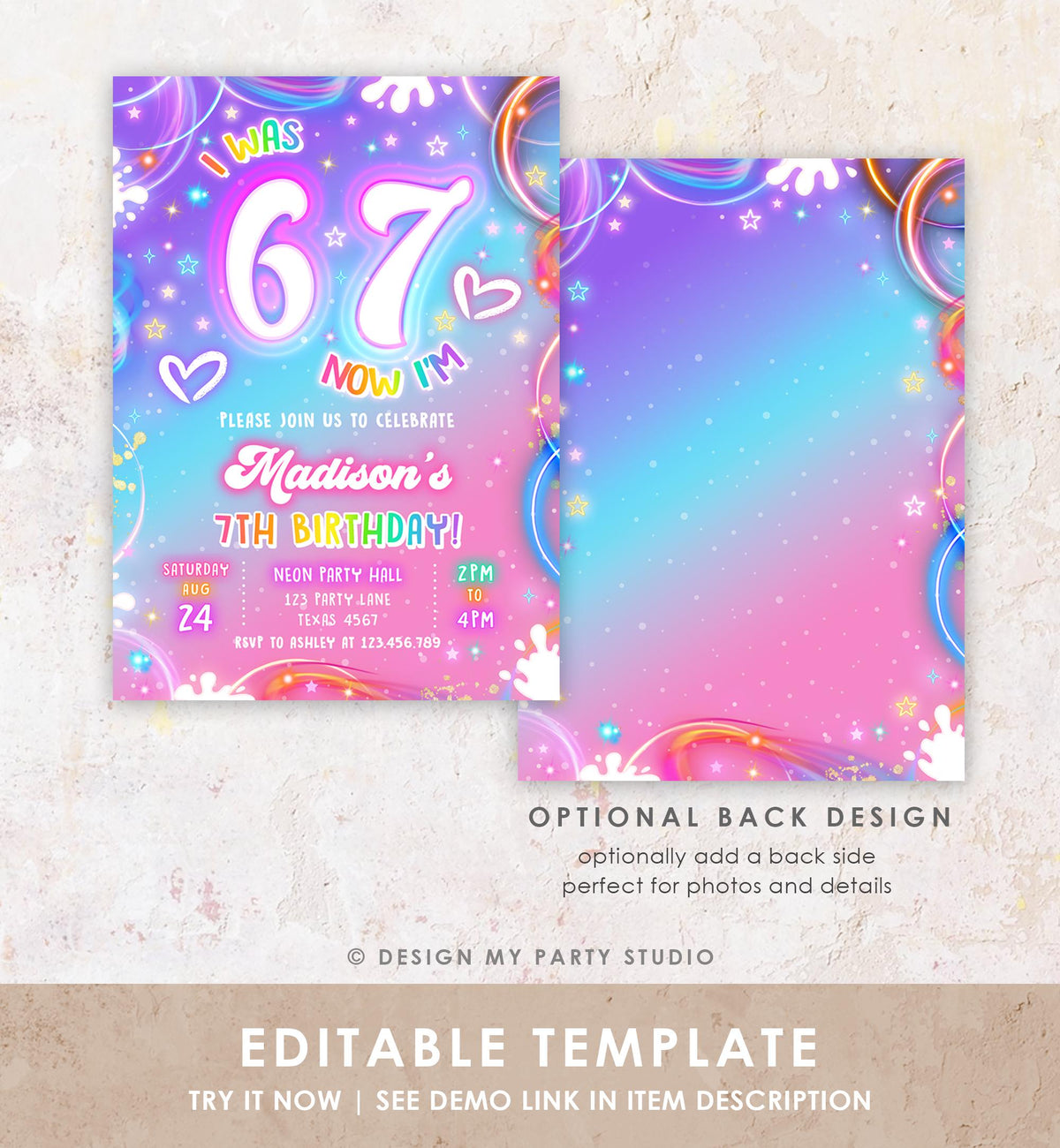 Editable 6 7 Birthday Invitation Girl 7th Retro Groovy Vibe Six Seven Neon Glow Girl Party Digital Evite Template Printable 0568