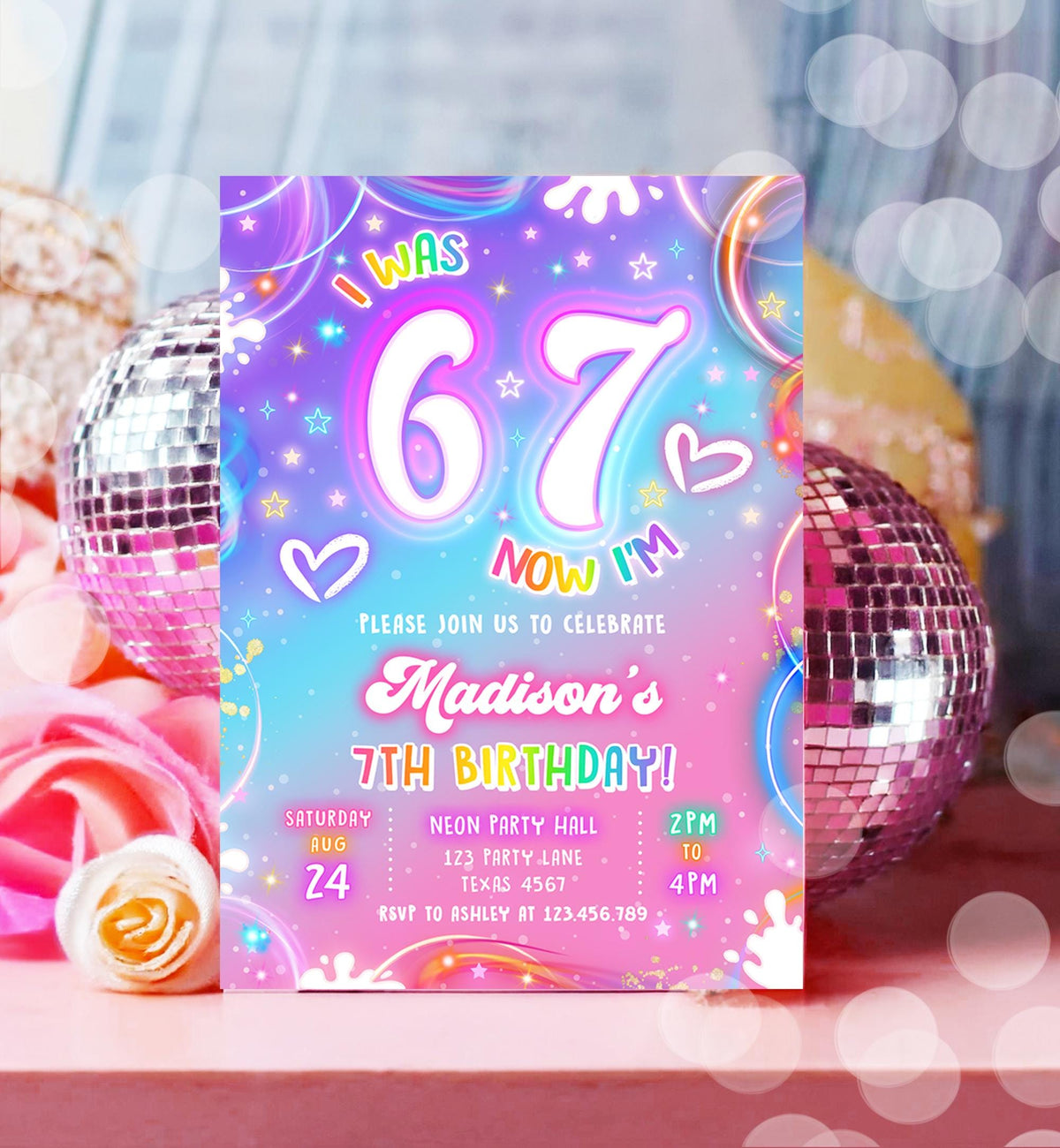 Editable 6 7 Birthday Invitation Girl 7th Retro Groovy Vibe Six Seven Neon Glow Girl Party Digital Evite Template Printable 0568