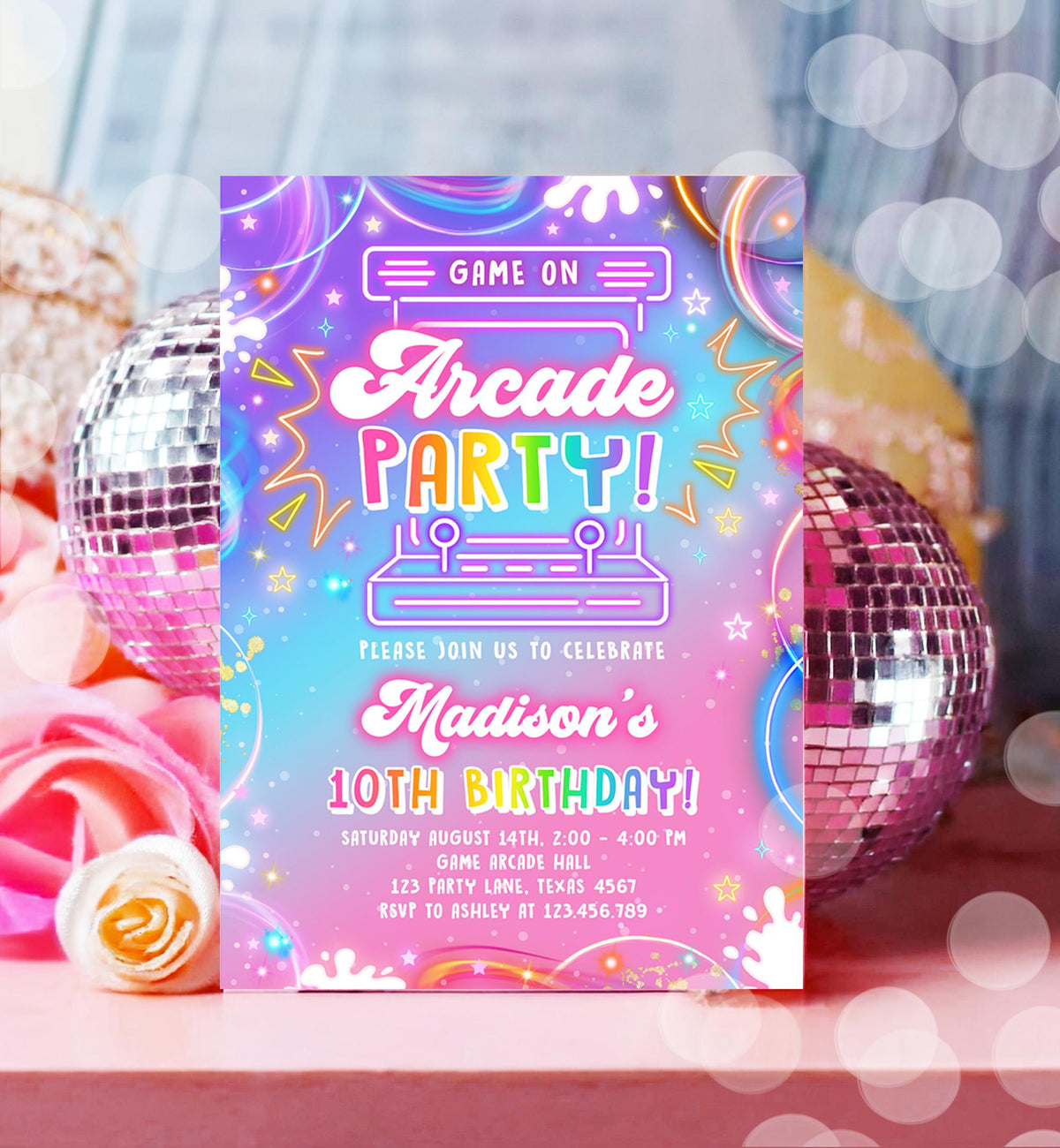 Editable Arcade Party Birthday Invitation Girl Game Gamer Level Up Neon Glow Girl Epic Play Party Fun Digital Evite Template Printable 0568