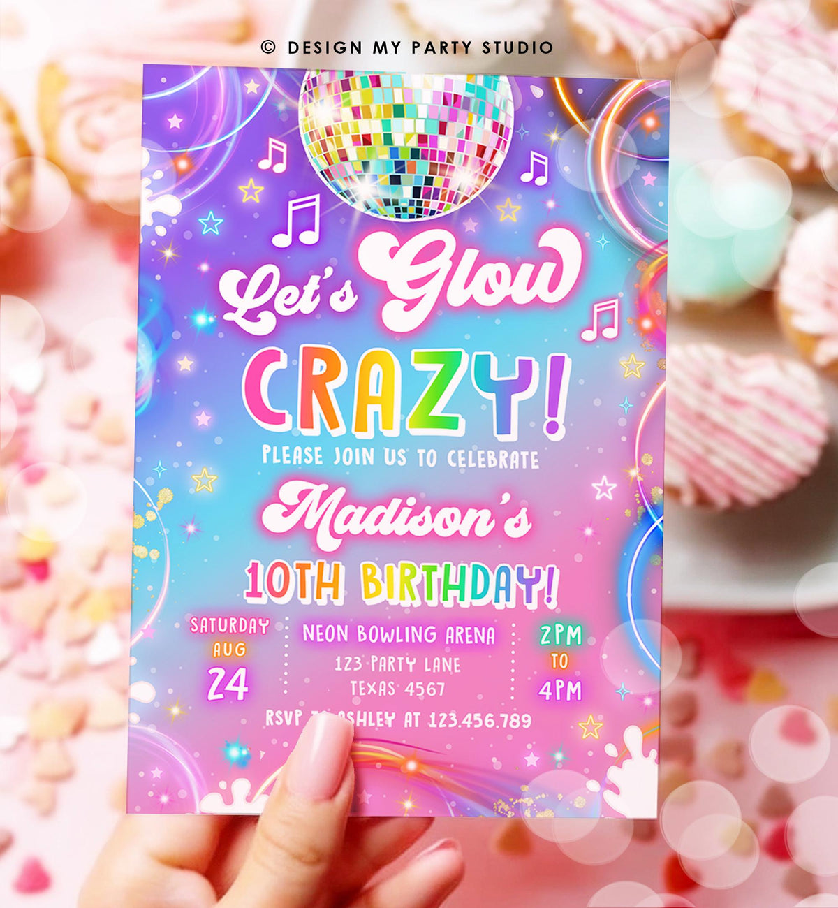 Editable Let's Glow Crazy Birthday Invitation Neon Glow Disco Party Girl Retro Groovy Digital Download Evite Template Printable 0568
