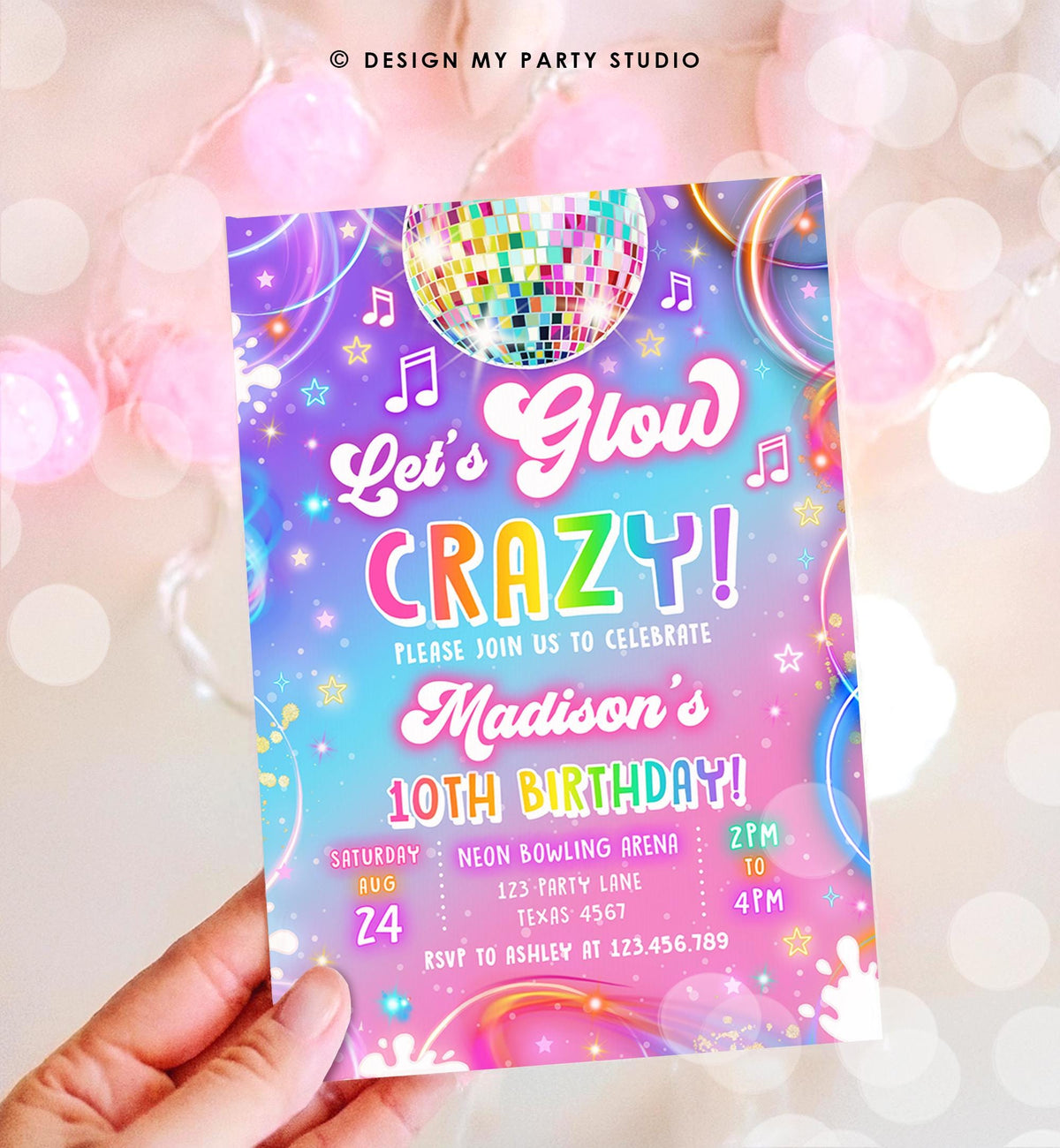 Editable Let's Glow Crazy Birthday Invitation Neon Glow Disco Party Girl Retro Groovy Digital Download Evite Template Printable 0568