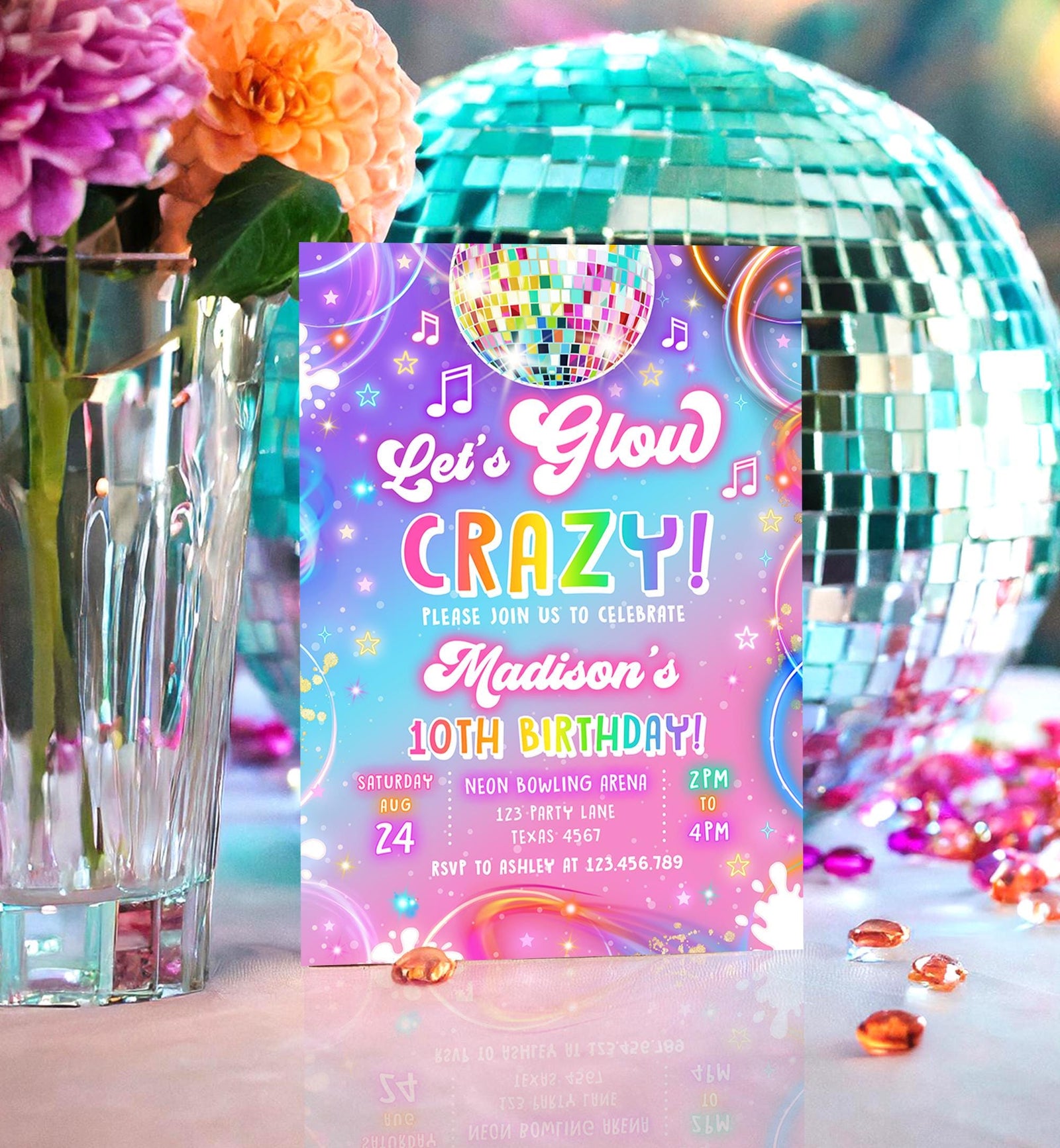 Editable Let's Glow Crazy Birthday Invitation Neon Glow Disco Party Girl Retro Groovy Digital Download Evite Template Printable 0568