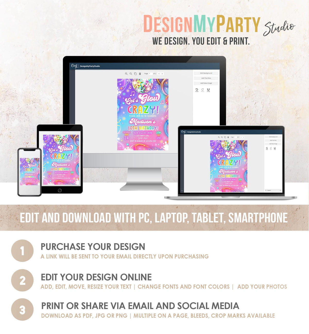 Editable Let's Glow Crazy Birthday Invitation Neon Glow Disco Party Girl Retro Groovy Digital Download Evite Template Printable 0568